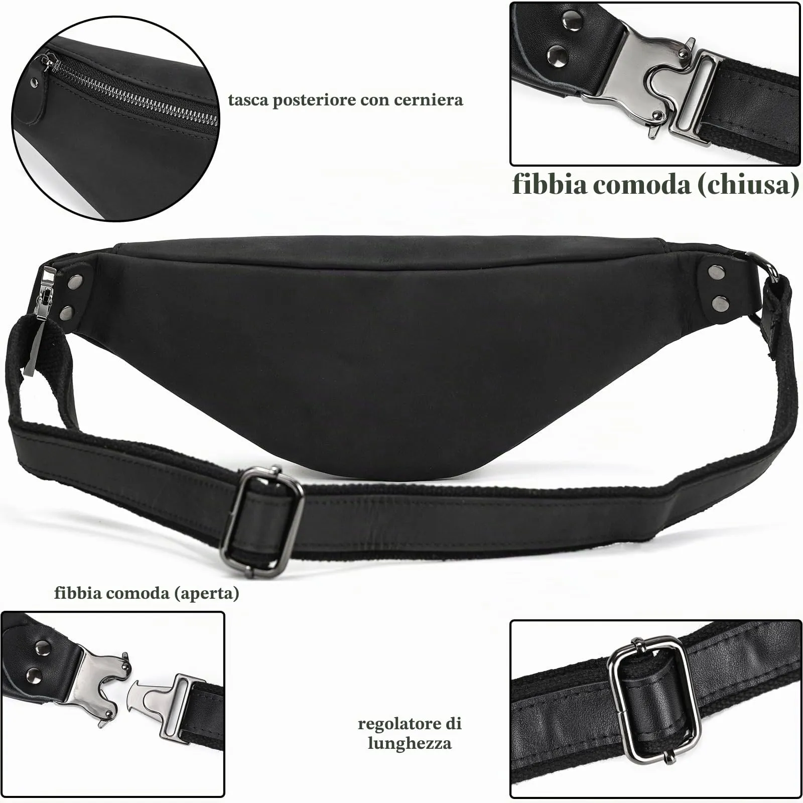 marsupio in vera pelle marsupi per uomo donna marsupio nero per viaggi festival passeggiate sport corsa palestra all'aperto allenamento esercizio marsupio Vintage Shoulder Bag, 1033FMH Black - immagine 7