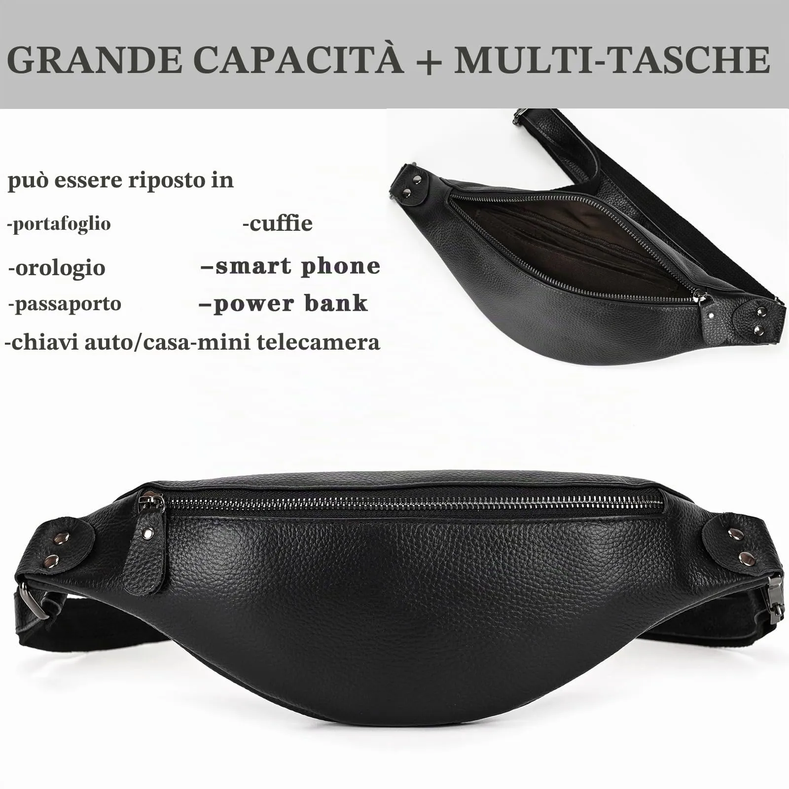 marsupio in vera pelle marsupi per uomo donna marsupio nero per viaggi festival passeggiate sport corsa palestra all'aperto allenamento esercizio Vintage Shoulder Bag, 1033LZW Black - immagine 3
