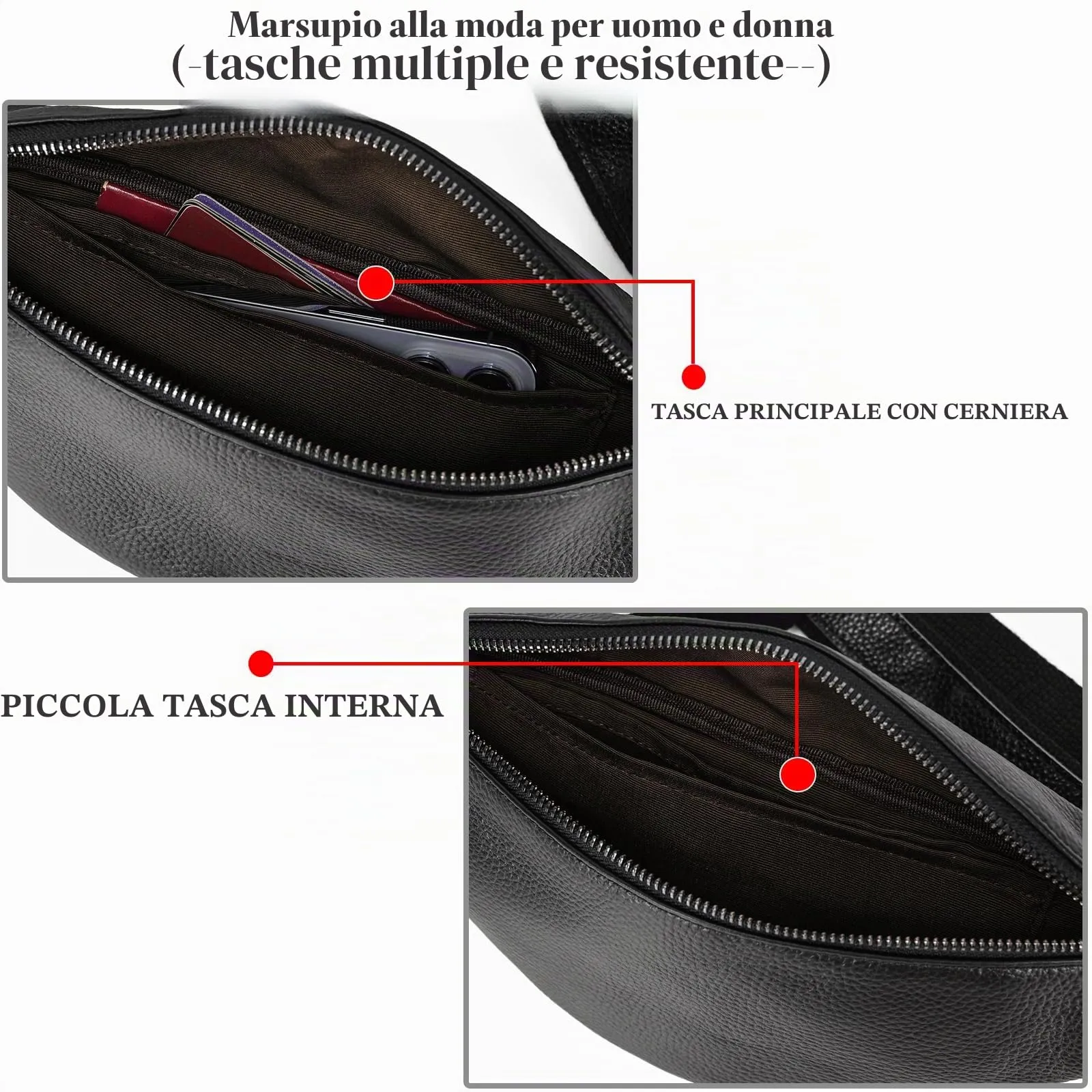 marsupio in vera pelle marsupi per uomo donna marsupio nero per viaggi festival passeggiate sport corsa palestra all'aperto allenamento esercizio Vintage Shoulder Bag, 1033LZW Black - immagine 4