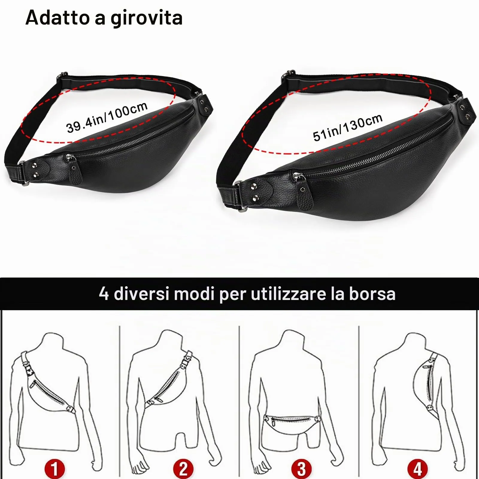 marsupio in vera pelle marsupi per uomo donna marsupio nero per viaggi festival passeggiate sport corsa palestra all'aperto allenamento esercizio Vintage Shoulder Bag, 1033LZW Black - immagine 5