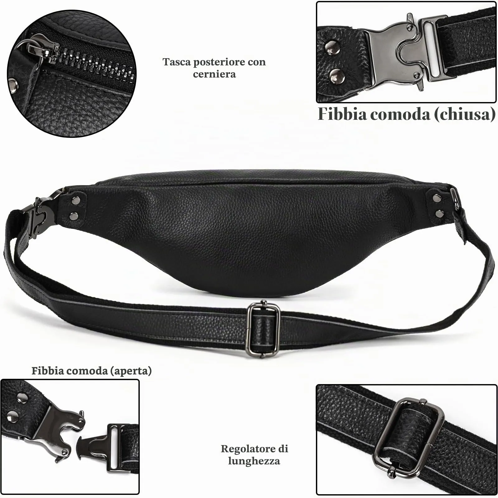 marsupio in vera pelle marsupi per uomo donna marsupio nero per viaggi festival passeggiate sport corsa palestra all'aperto allenamento esercizio Vintage Shoulder Bag, 1033LZW Black - immagine 6