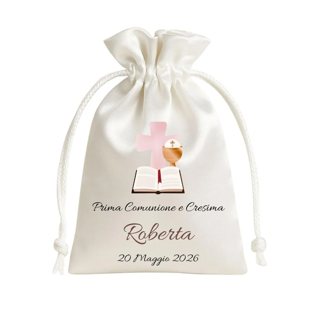 Cormar Sacchetti Bomboniere Cresima Personalizzati – Set 12 Pezzi, 9x12 cm, Colore Bianco con Ricamo Elegante (CROCE + BIBBIA) - immagine 1
