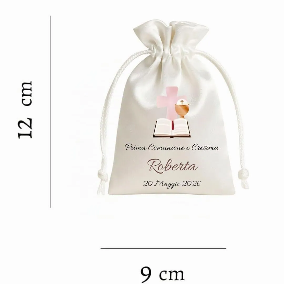Cormar Sacchetti Bomboniere Cresima Personalizzati – Set 12 Pezzi, 9x12 cm, Colore Bianco con Ricamo Elegante (CROCE + BIBBIA) - immagine 2