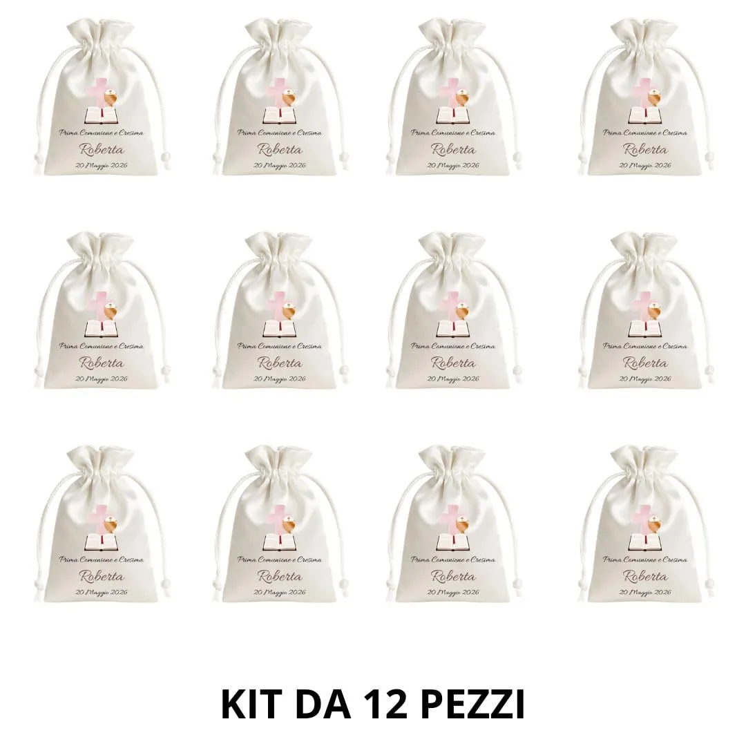 Cormar Sacchetti Bomboniere Cresima Personalizzati – Set 12 Pezzi, 9x12 cm, Colore Bianco con Ricamo Elegante (CROCE + BIBBIA) - immagine 3