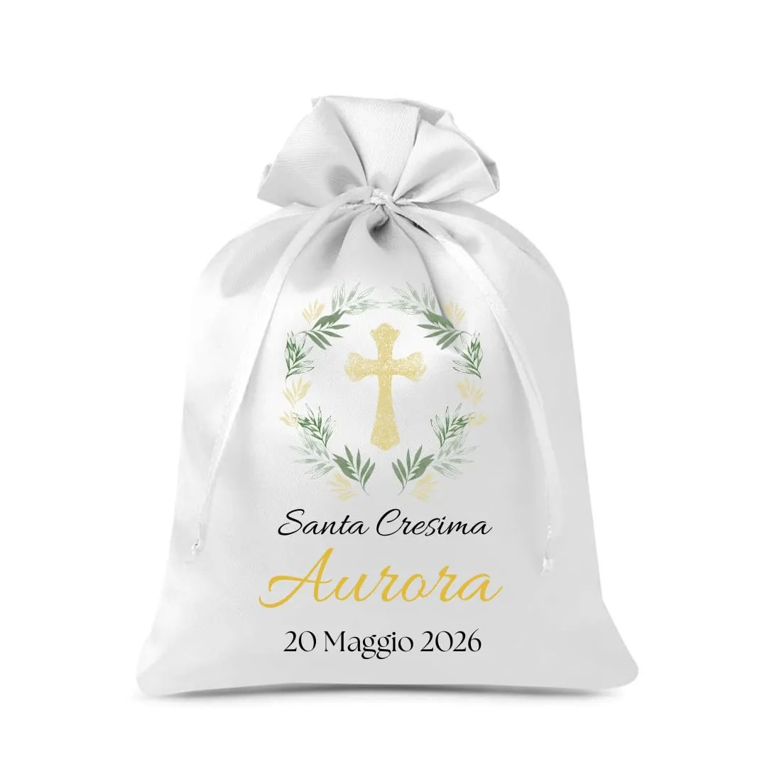Cormar Sacchetti Bomboniere Cresima Personalizzati – Set 12 Pezzi, 9x12 cm, Colore Bianco con Ricamo Elegante (CROCE CON DISEGNO) - immagine 1