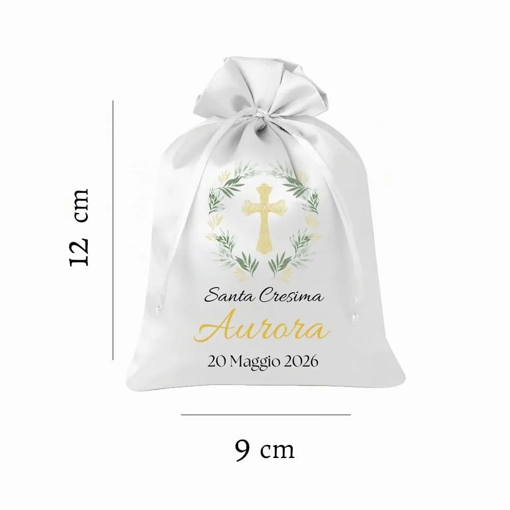 Cormar Sacchetti Bomboniere Cresima Personalizzati – Set 12 Pezzi, 9x12 cm, Colore Bianco con Ricamo Elegante (CROCE CON DISEGNO) - immagine 2