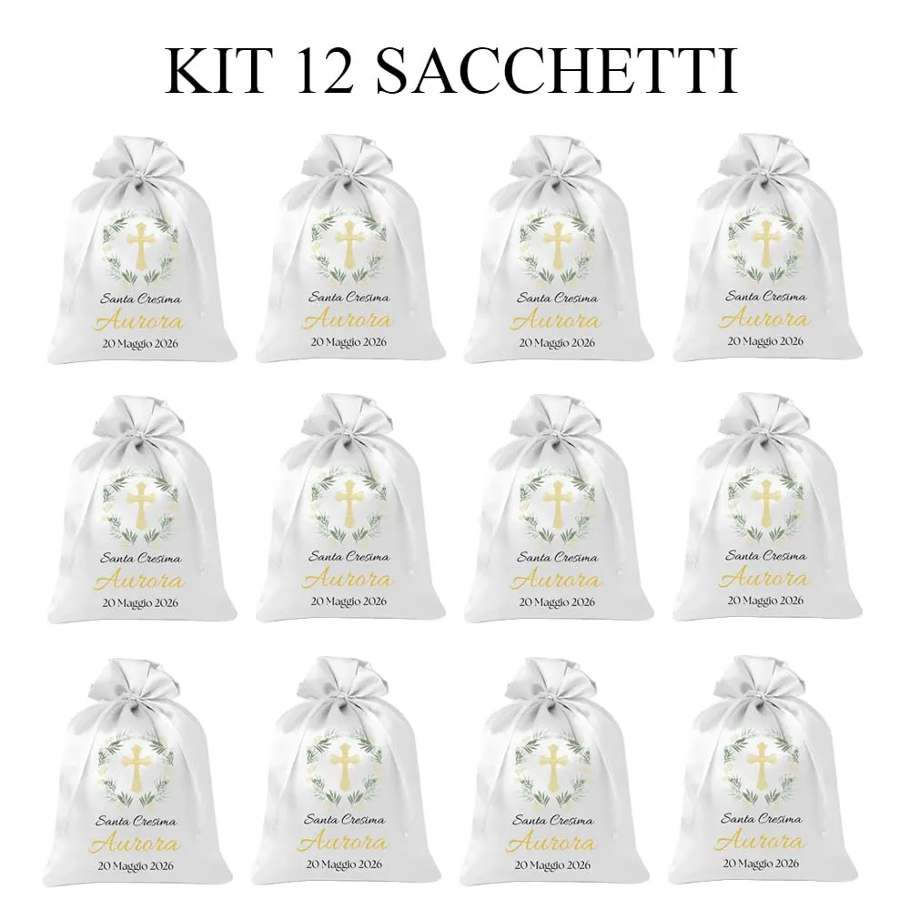 Cormar Sacchetti Bomboniere Cresima Personalizzati – Set 12 Pezzi, 9x12 cm, Colore Bianco con Ricamo Elegante (CROCE CON DISEGNO) - immagine 3