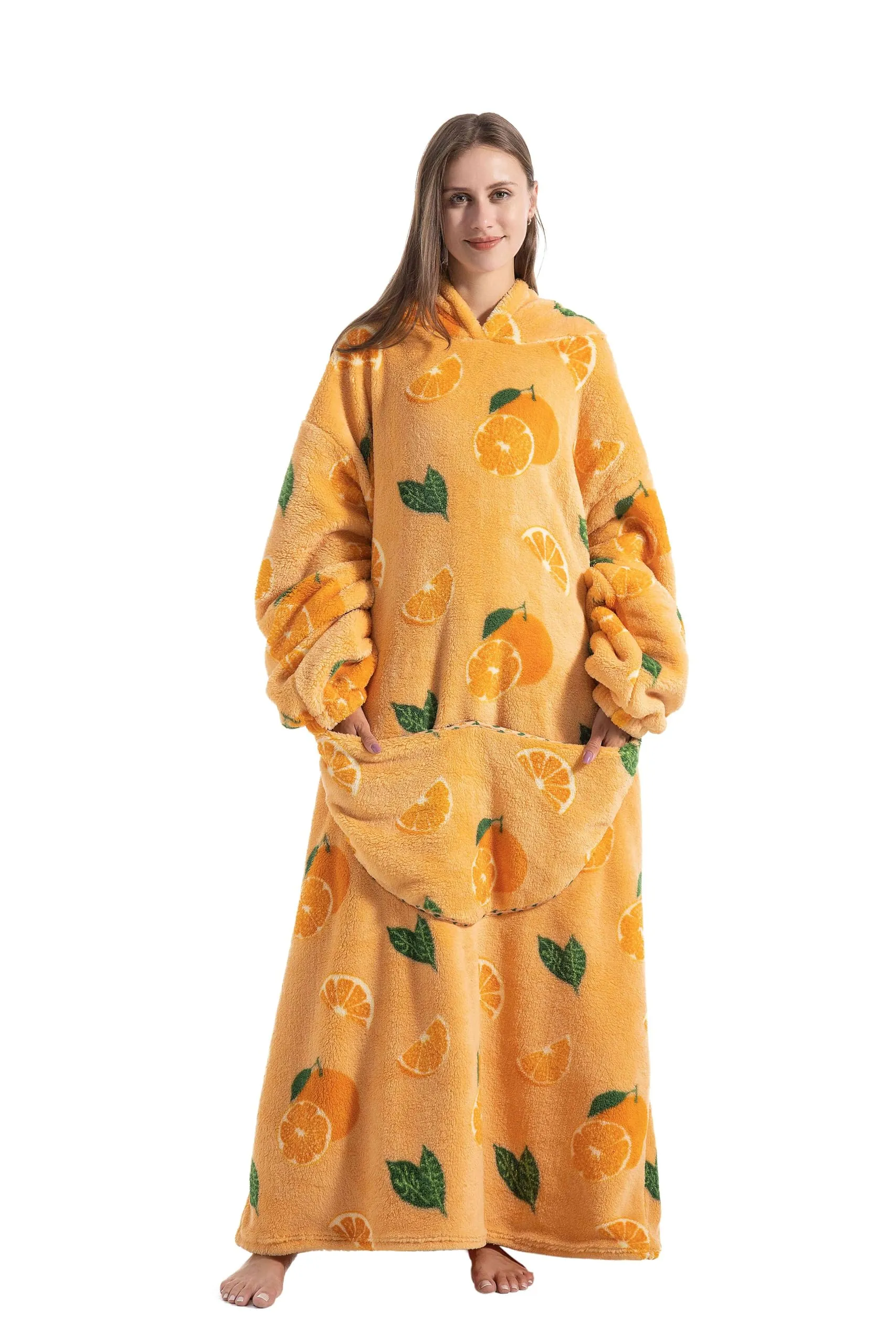 Yzehomijia Coperta portatile con cappuccio, per donne e adulti, coperta con maniche, morbida e calda da indossare come regalo per fidanzata, mamma o mamma koala (Orange) - immagine 1