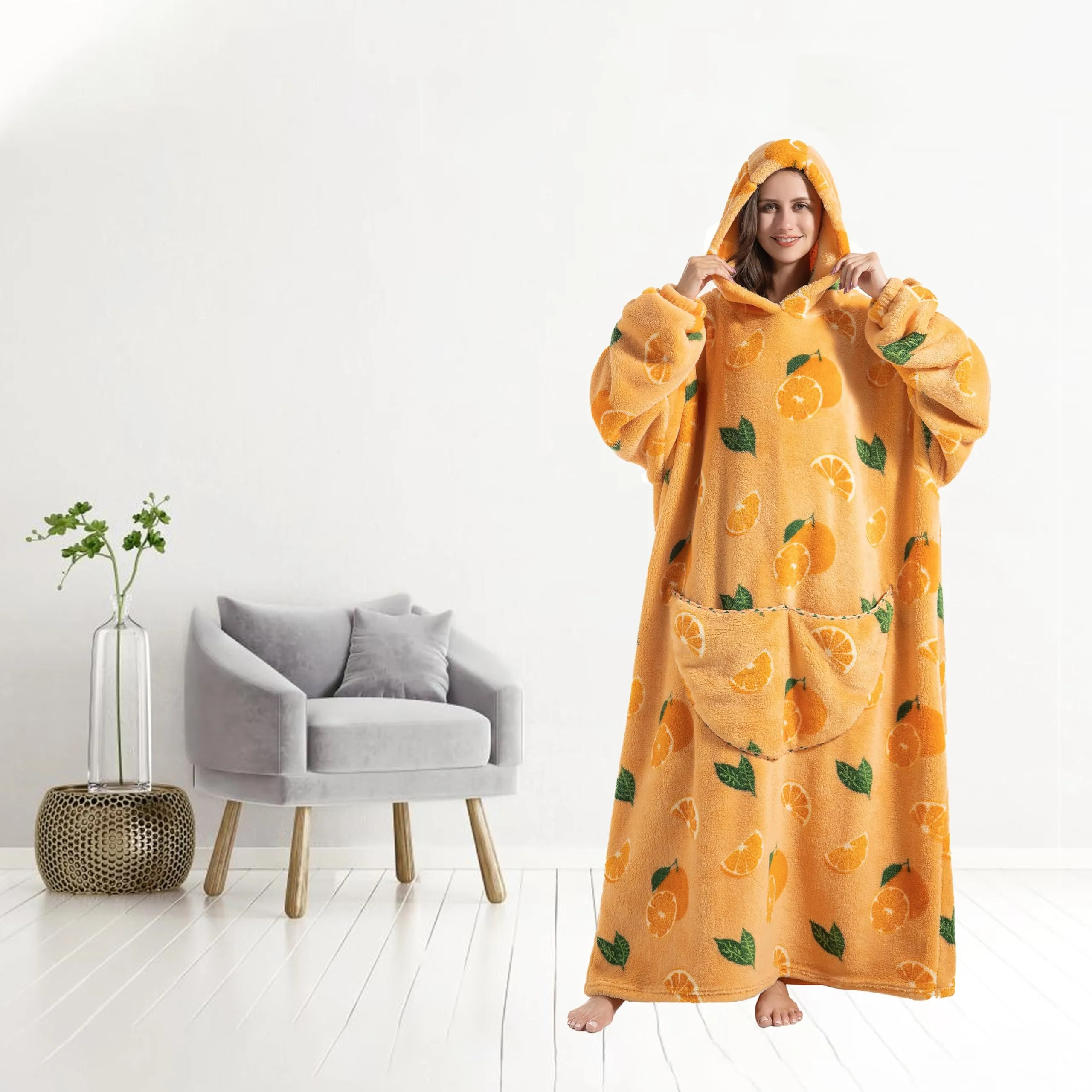 Yzehomijia Coperta portatile con cappuccio, per donne e adulti, coperta con maniche, morbida e calda da indossare come regalo per fidanzata, mamma o mamma koala (Orange) - immagine 3