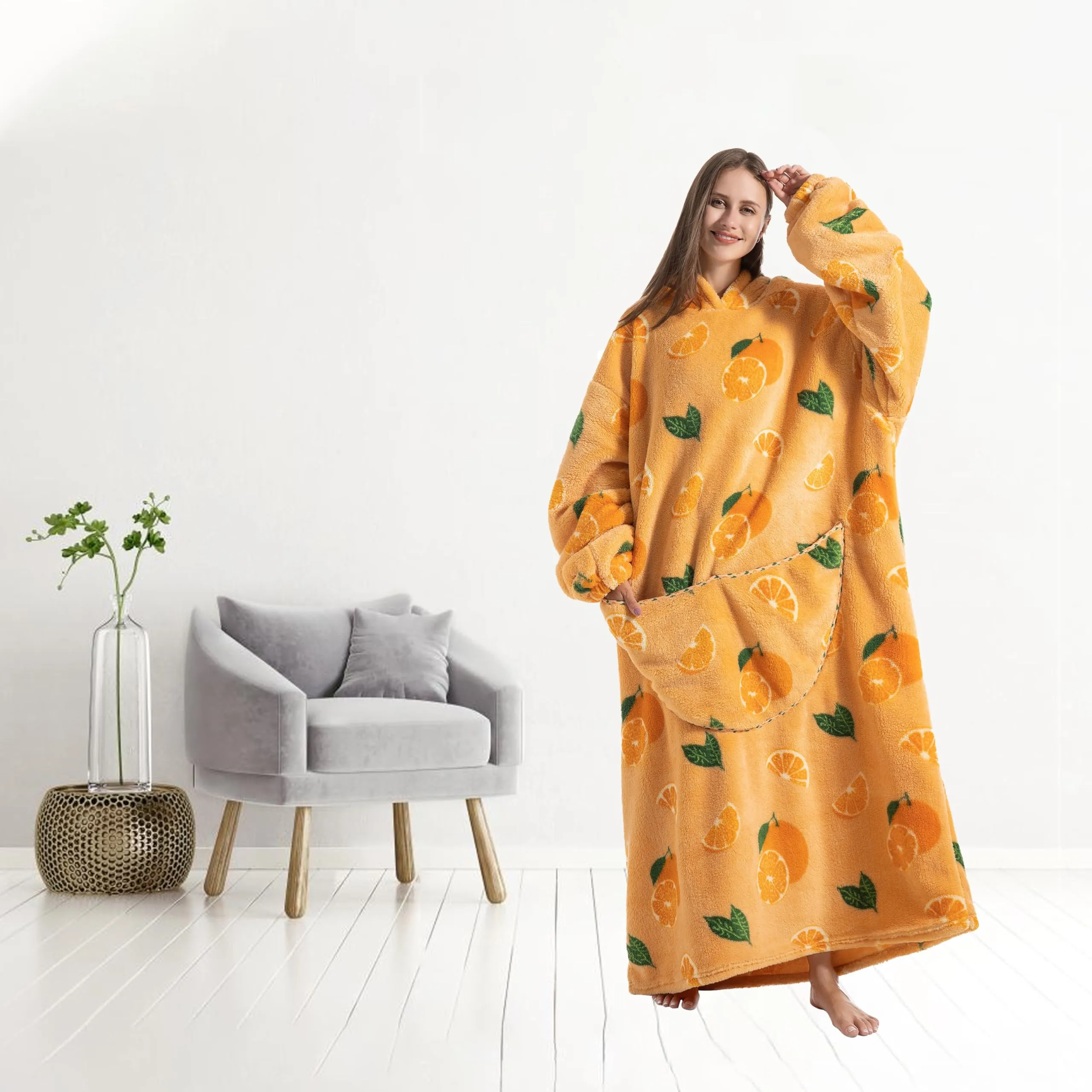 Yzehomijia Coperta portatile con cappuccio, per donne e adulti, coperta con maniche, morbida e calda da indossare come regalo per fidanzata, mamma o mamma koala (Orange) - immagine 5