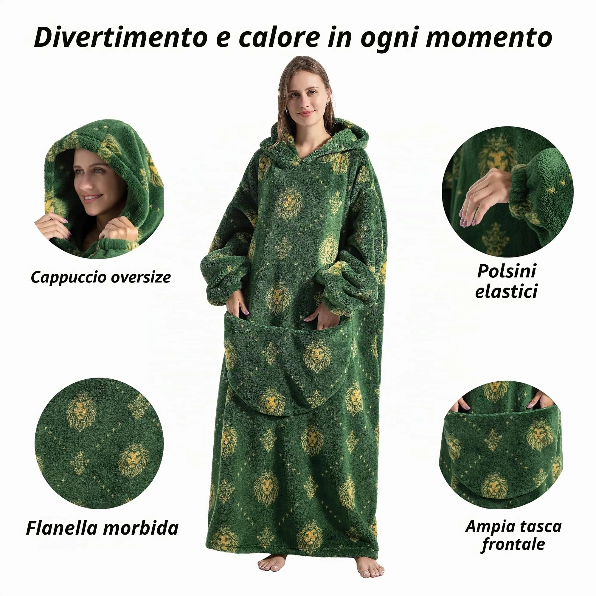 Yzehomijia Coperta portatile con cappuccio, per donne e adulti, coperta con maniche, morbida e calda da indossare come regalo per fidanzata, mamma o mamma koala (Green Lion) - immagine 2