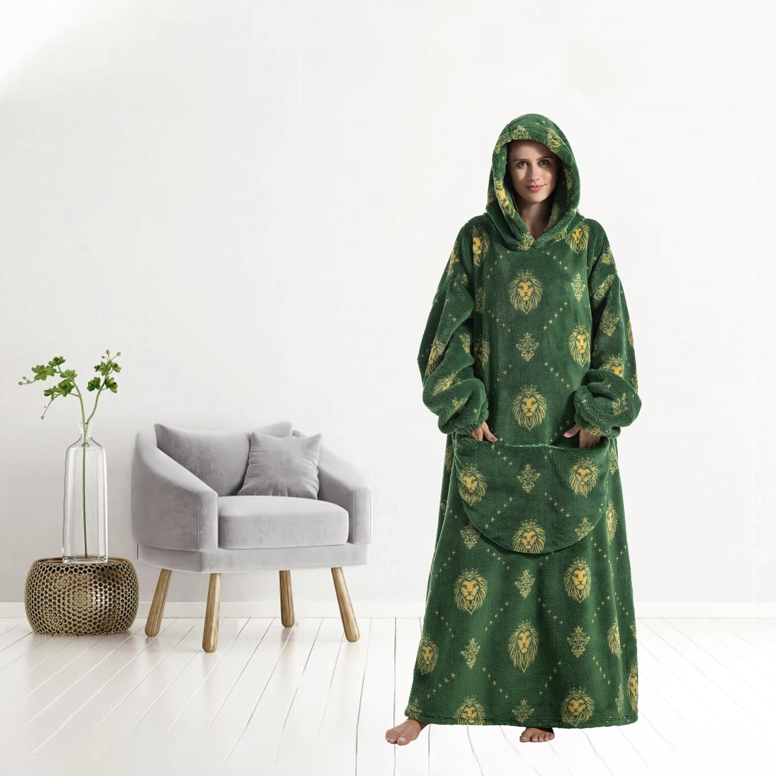 Yzehomijia Coperta portatile con cappuccio, per donne e adulti, coperta con maniche, morbida e calda da indossare come regalo per fidanzata, mamma o mamma koala (Green Lion) - immagine 3
