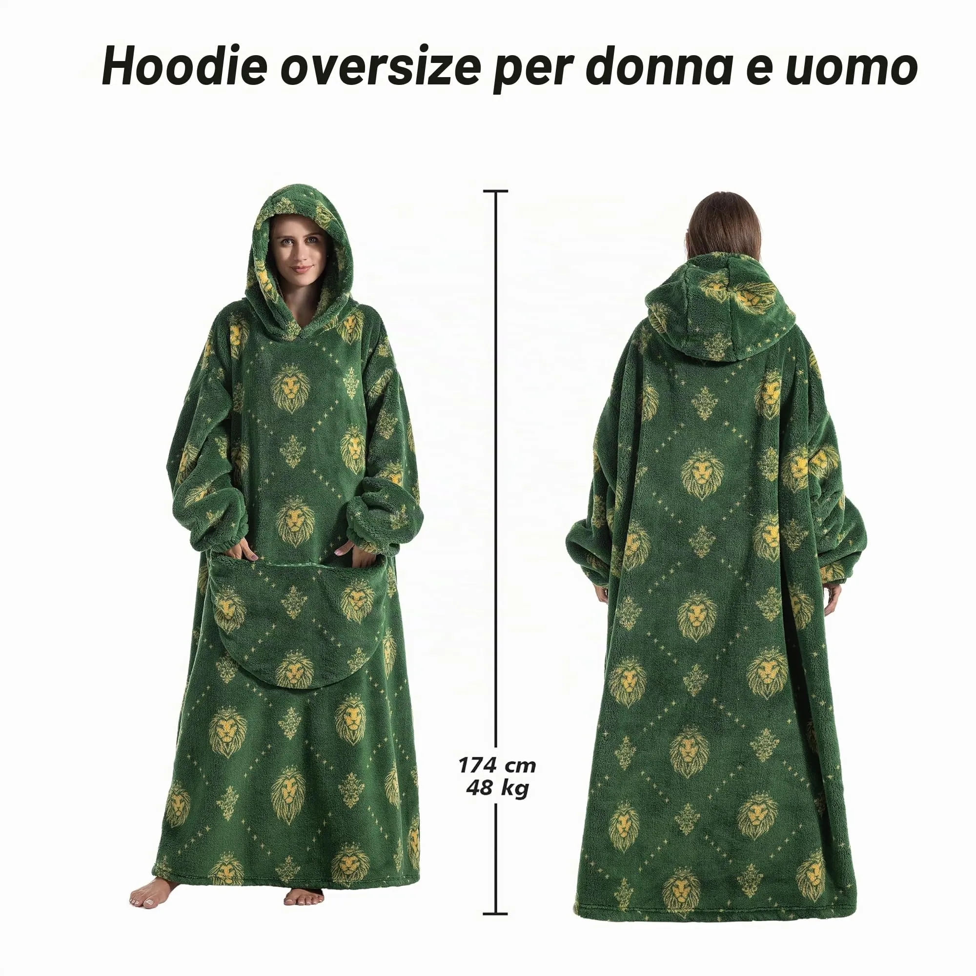 Yzehomijia Coperta portatile con cappuccio, per donne e adulti, coperta con maniche, morbida e calda da indossare come regalo per fidanzata, mamma o mamma koala (Green Lion) - immagine 4