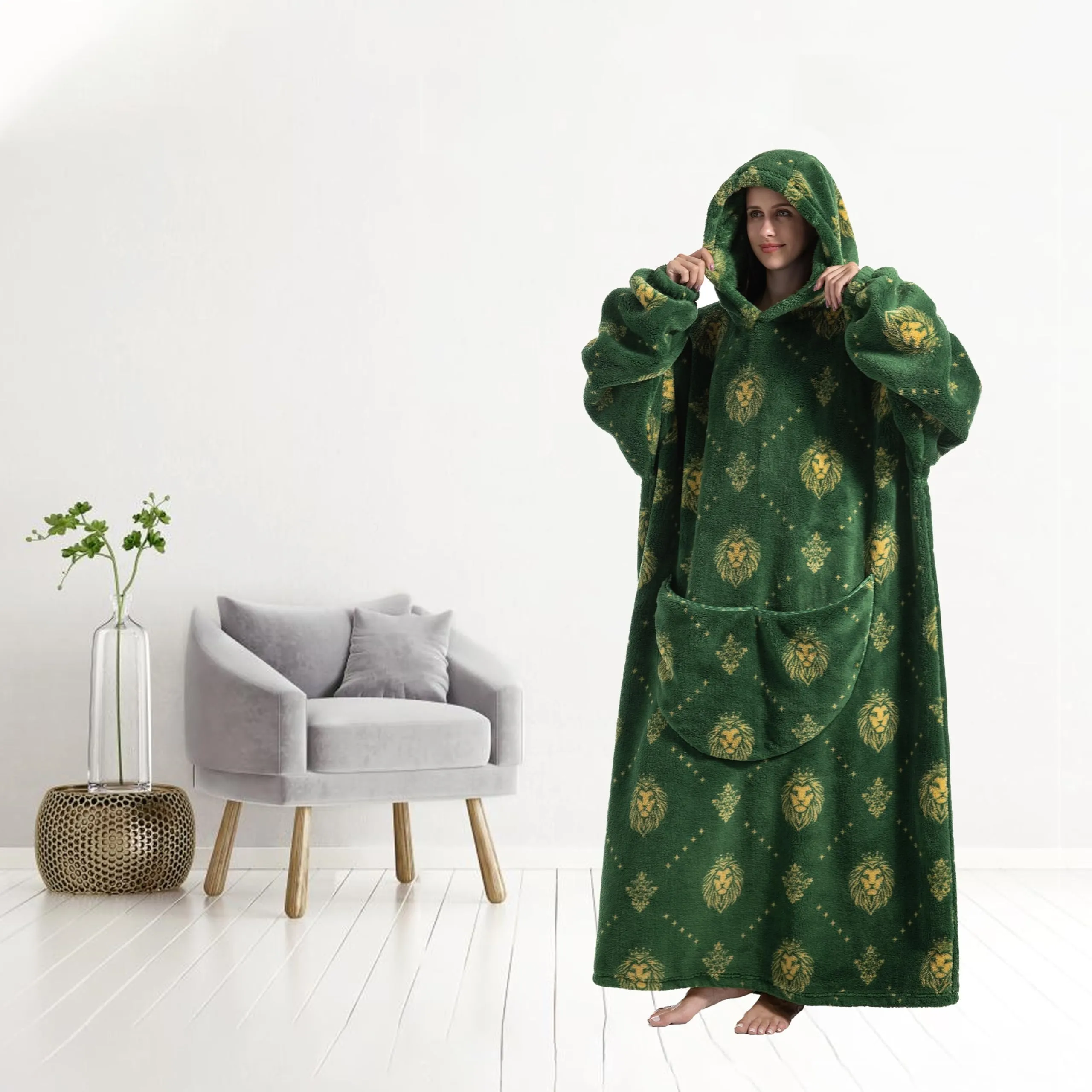 Yzehomijia Coperta portatile con cappuccio, per donne e adulti, coperta con maniche, morbida e calda da indossare come regalo per fidanzata, mamma o mamma koala (Green Lion) - immagine 5