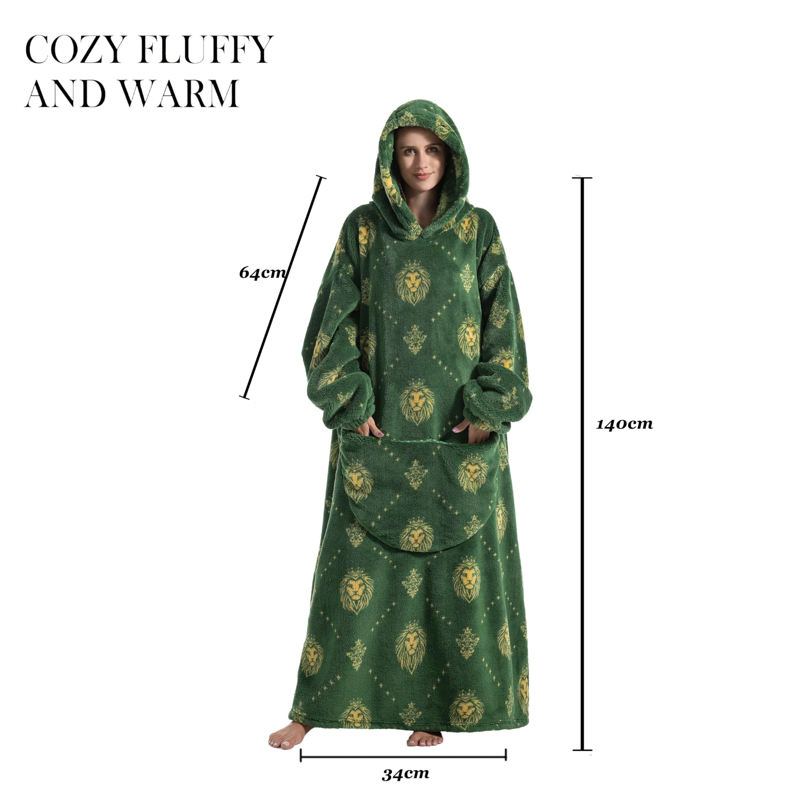Yzehomijia Coperta portatile con cappuccio, per donne e adulti, coperta con maniche, morbida e calda da indossare come regalo per fidanzata, mamma o mamma koala (Green Lion) - immagine 6