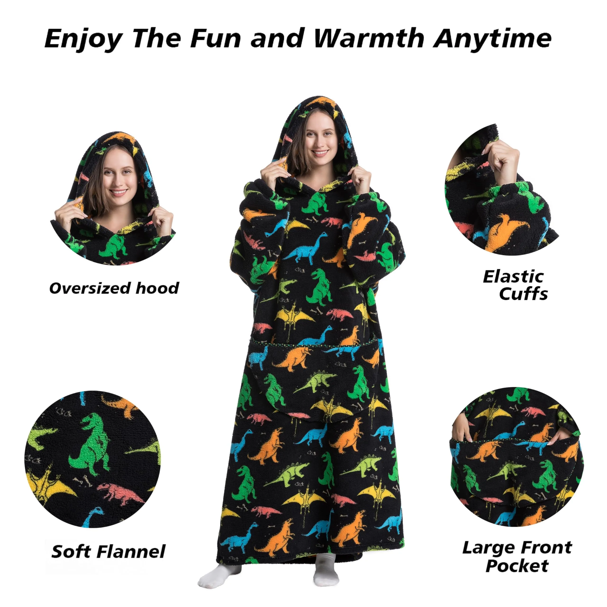 Yzehomijia Coperta portatile con cappuccio, per donne e adulti, coperta con maniche, morbida e calda da indossare come regalo per fidanzata, mamma o mamma koala (Dinosaur) - immagine 2