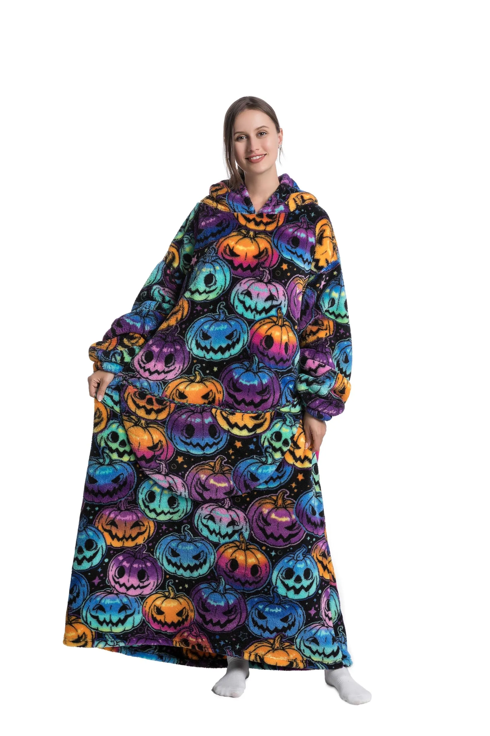 Yzehomijia Coperta portatile con cappuccio, per donne e adulti, coperta con maniche, morbida e calda da indossare come regalo per fidanzata, mamma o mamma koala (Pumpkin) - immagine 1