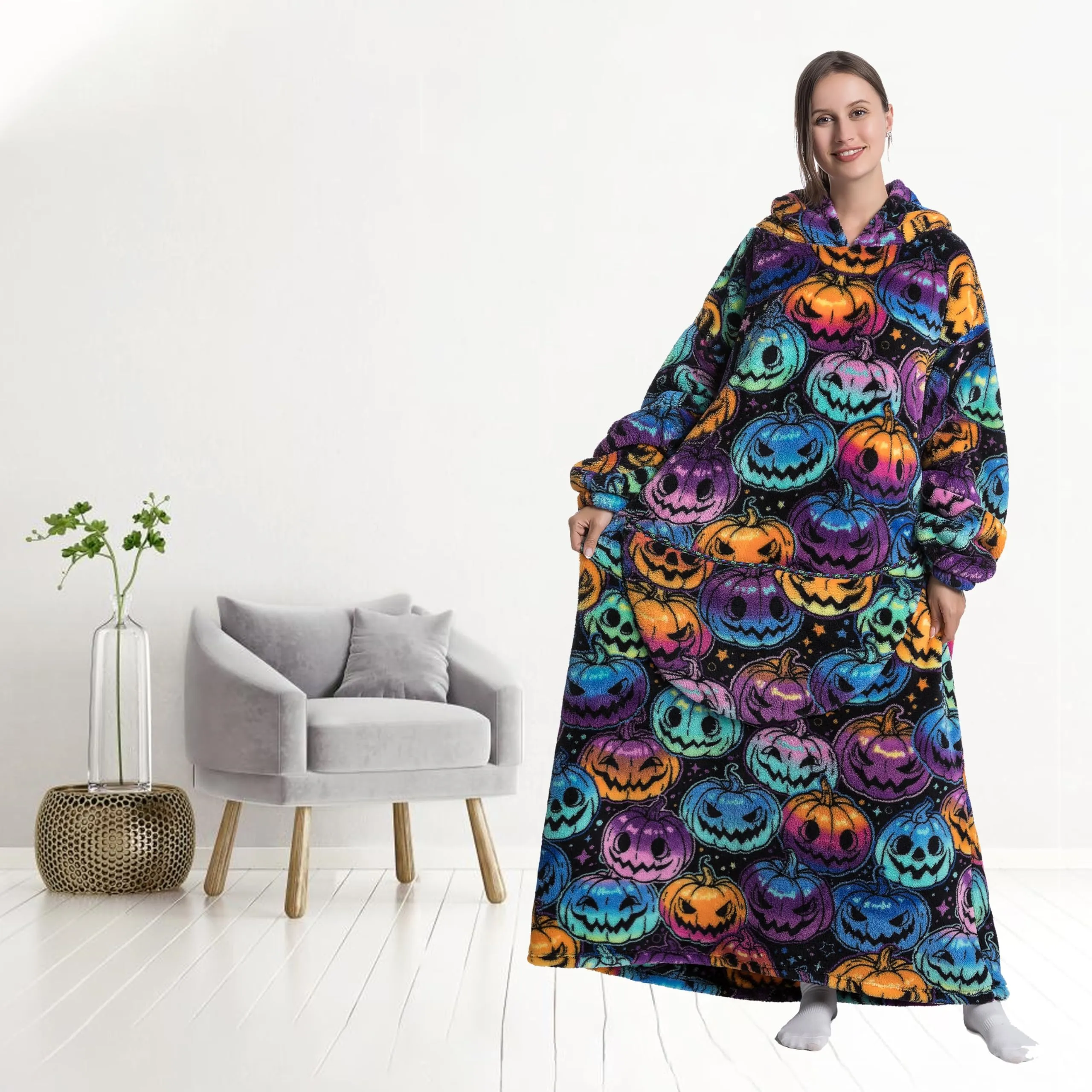 Yzehomijia Coperta portatile con cappuccio, per donne e adulti, coperta con maniche, morbida e calda da indossare come regalo per fidanzata, mamma o mamma koala (Pumpkin) - immagine 4