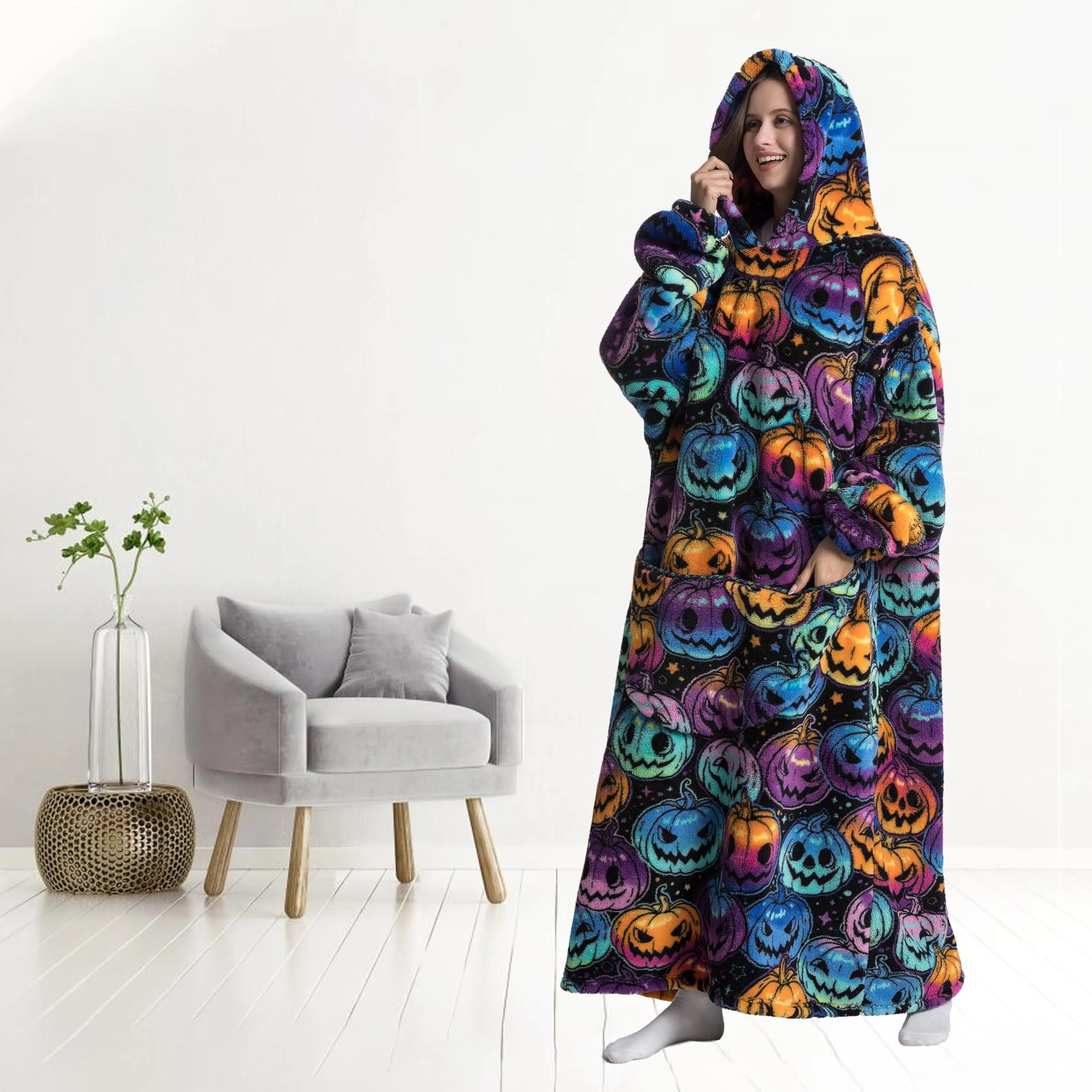 Yzehomijia Coperta portatile con cappuccio, per donne e adulti, coperta con maniche, morbida e calda da indossare come regalo per fidanzata, mamma o mamma koala (Pumpkin) - immagine 5