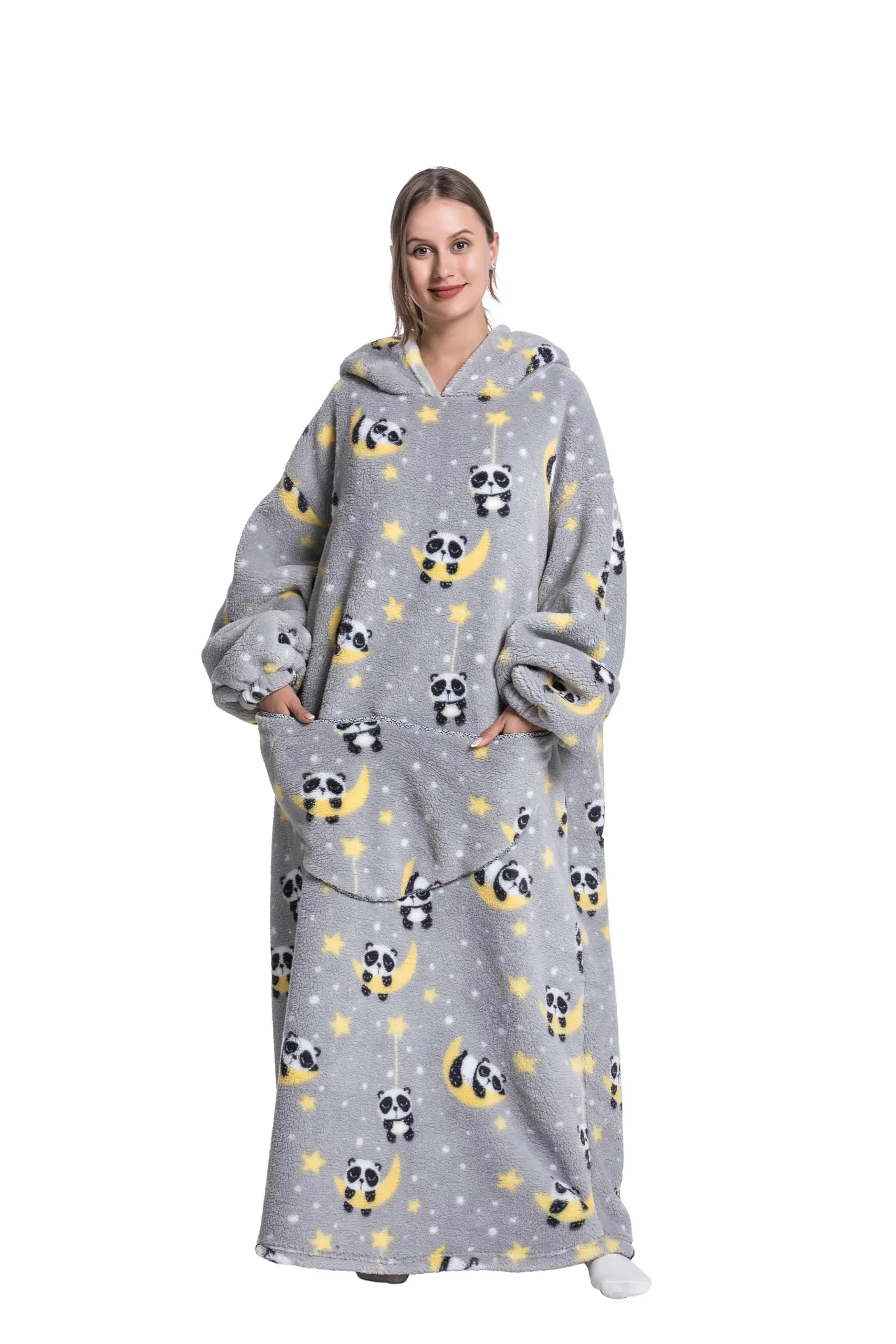 Yzehomijia Coperta portatile con cappuccio, per donne e adulti, coperta con maniche, morbida e calda da indossare come regalo per fidanzata, mamma o mamma koala (Panda2) - immagine 1