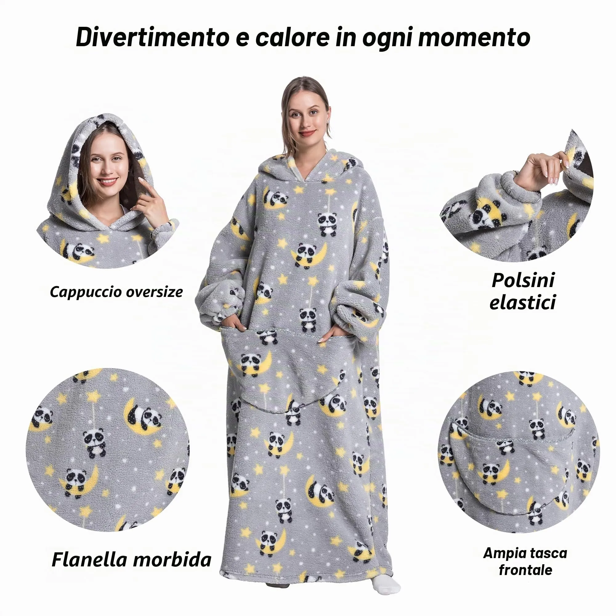 Yzehomijia Coperta portatile con cappuccio, per donne e adulti, coperta con maniche, morbida e calda da indossare come regalo per fidanzata, mamma o mamma koala (Panda2) - immagine 2