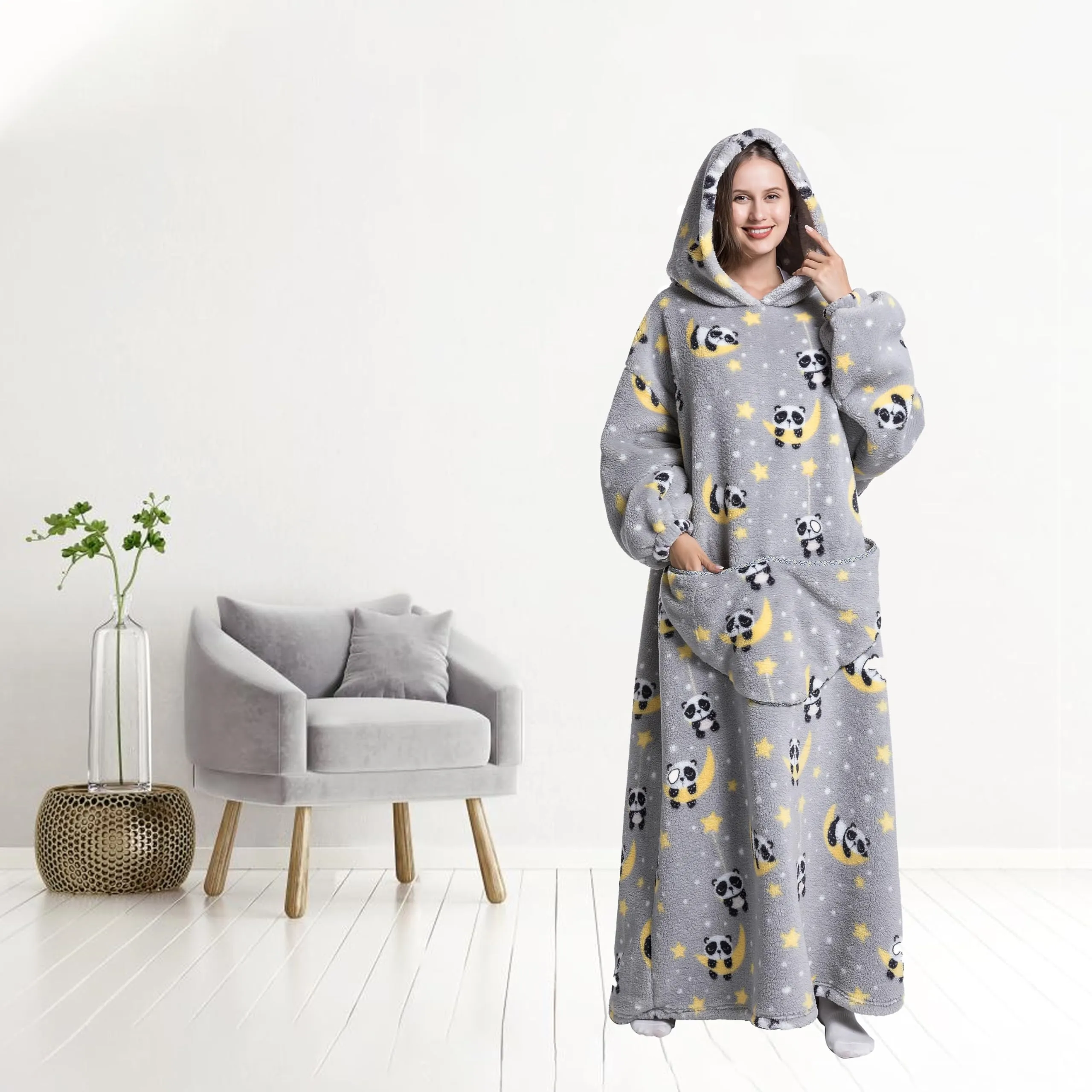 Yzehomijia Coperta portatile con cappuccio, per donne e adulti, coperta con maniche, morbida e calda da indossare come regalo per fidanzata, mamma o mamma koala (Panda2) - immagine 3