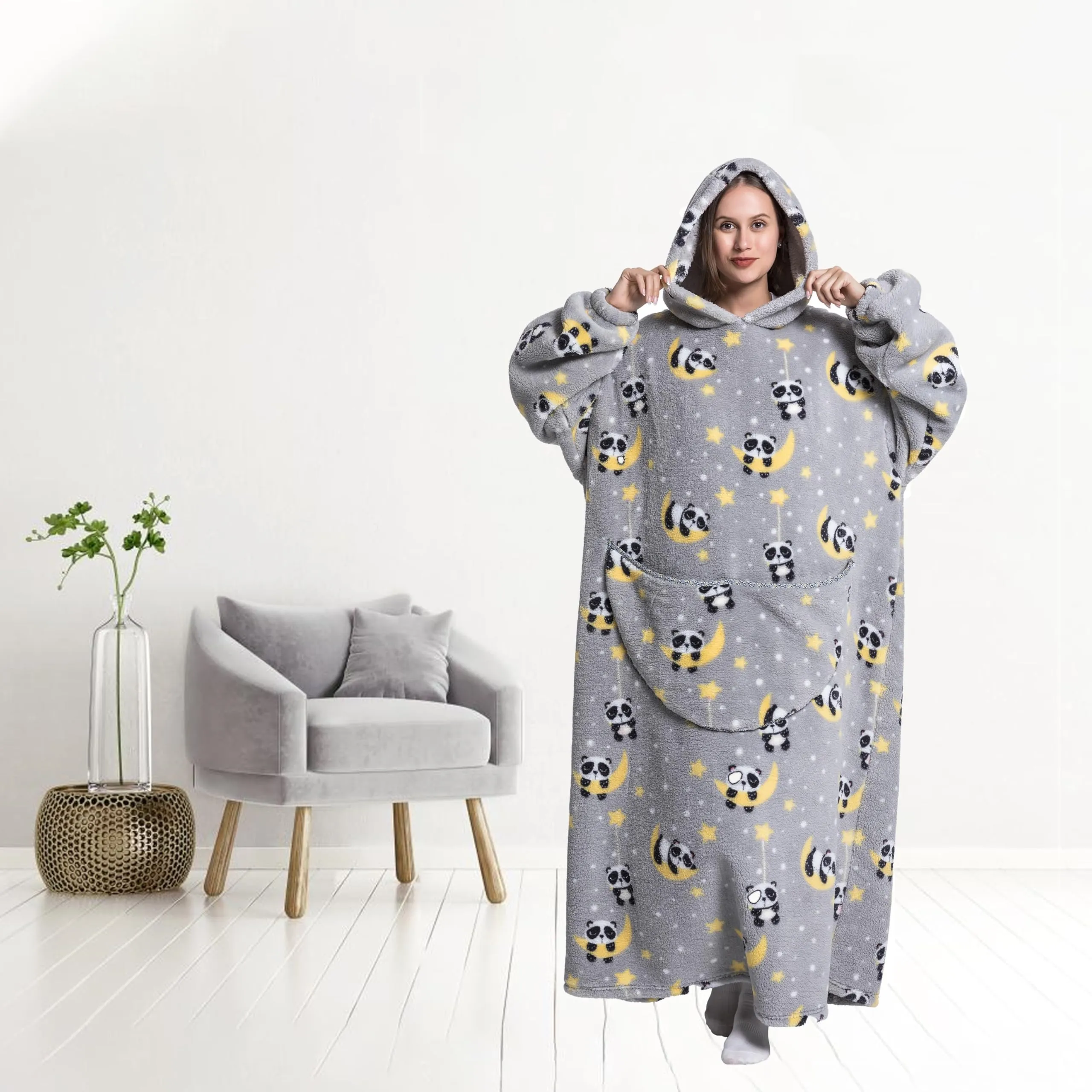 Yzehomijia Coperta portatile con cappuccio, per donne e adulti, coperta con maniche, morbida e calda da indossare come regalo per fidanzata, mamma o mamma koala (Panda2) - immagine 6