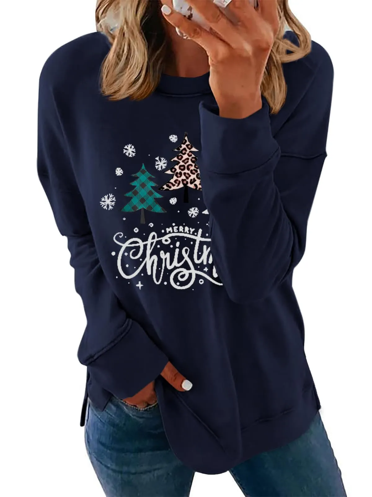 Cicy Bell Maglione Donna Natale Sweatshirt Girocollo Manica Lunga Casual Maglione Natalizio Top, Blu scuro, L - immagine 1