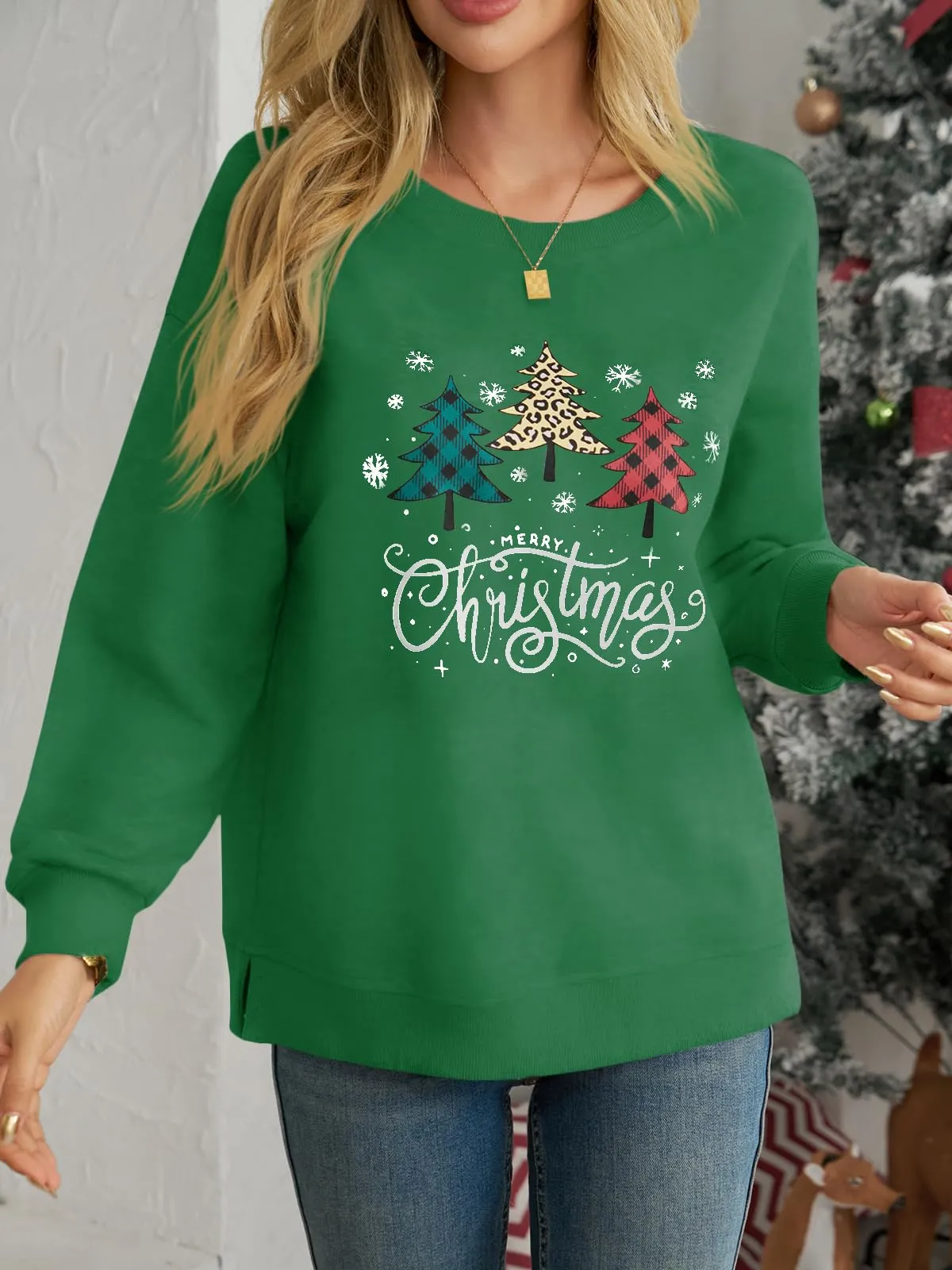 Cicy Bell Felpa da donna a maniche lunghe, casual, maglione natalizio, verde, S - immagine 2