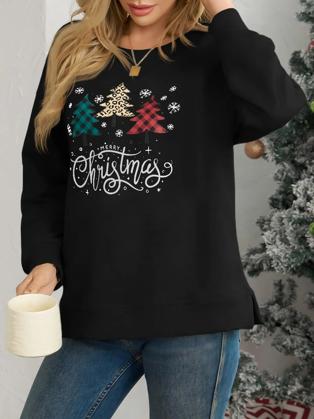 Cicy Bell Maglione Donna Natale Sweatshirt Girocollo Manica Lunga Casual Maglione Natalizio Top, Nero , L - immagine 4