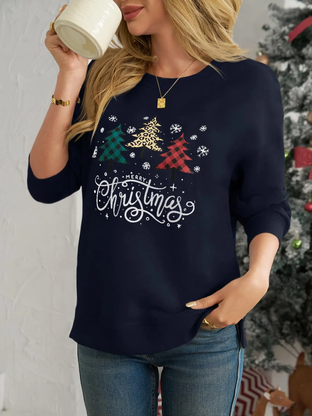 Cicy Bell Felpa da donna a maniche lunghe, elegante, basic, a maniche lunghe, girocollo, stile casual, Blu scuro, XXL - immagine 3