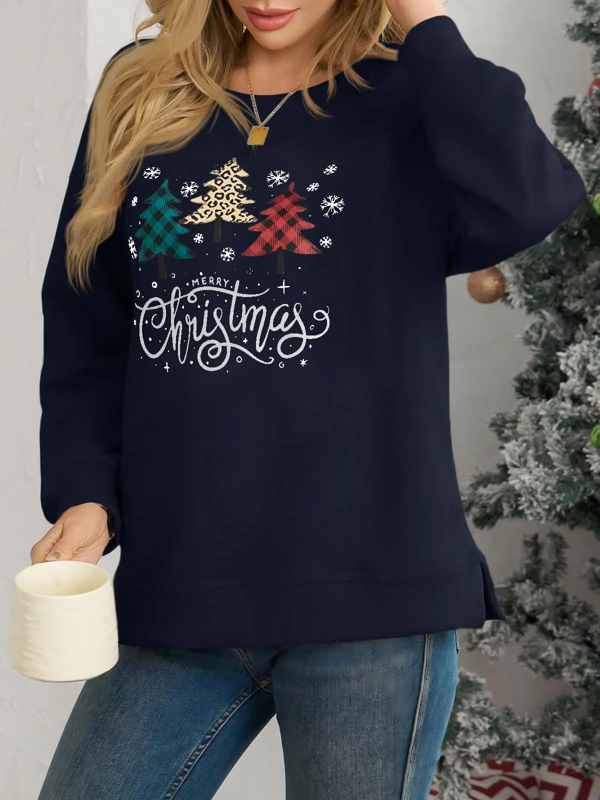 Cicy Bell Felpa da donna a maniche lunghe, elegante, basic, a maniche lunghe, girocollo, stile casual, Blu scuro, XXL - immagine 4
