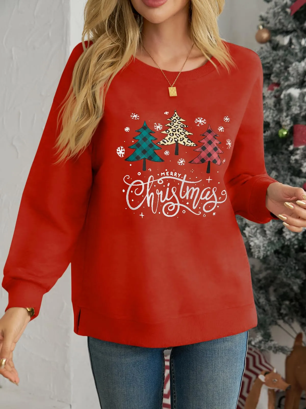 Cicy Bell Maglione Donna Natale Sweatshirt Girocollo Manica Lunga Casual Maglione Natalizio Top, Colore: rosso, XL - immagine 2