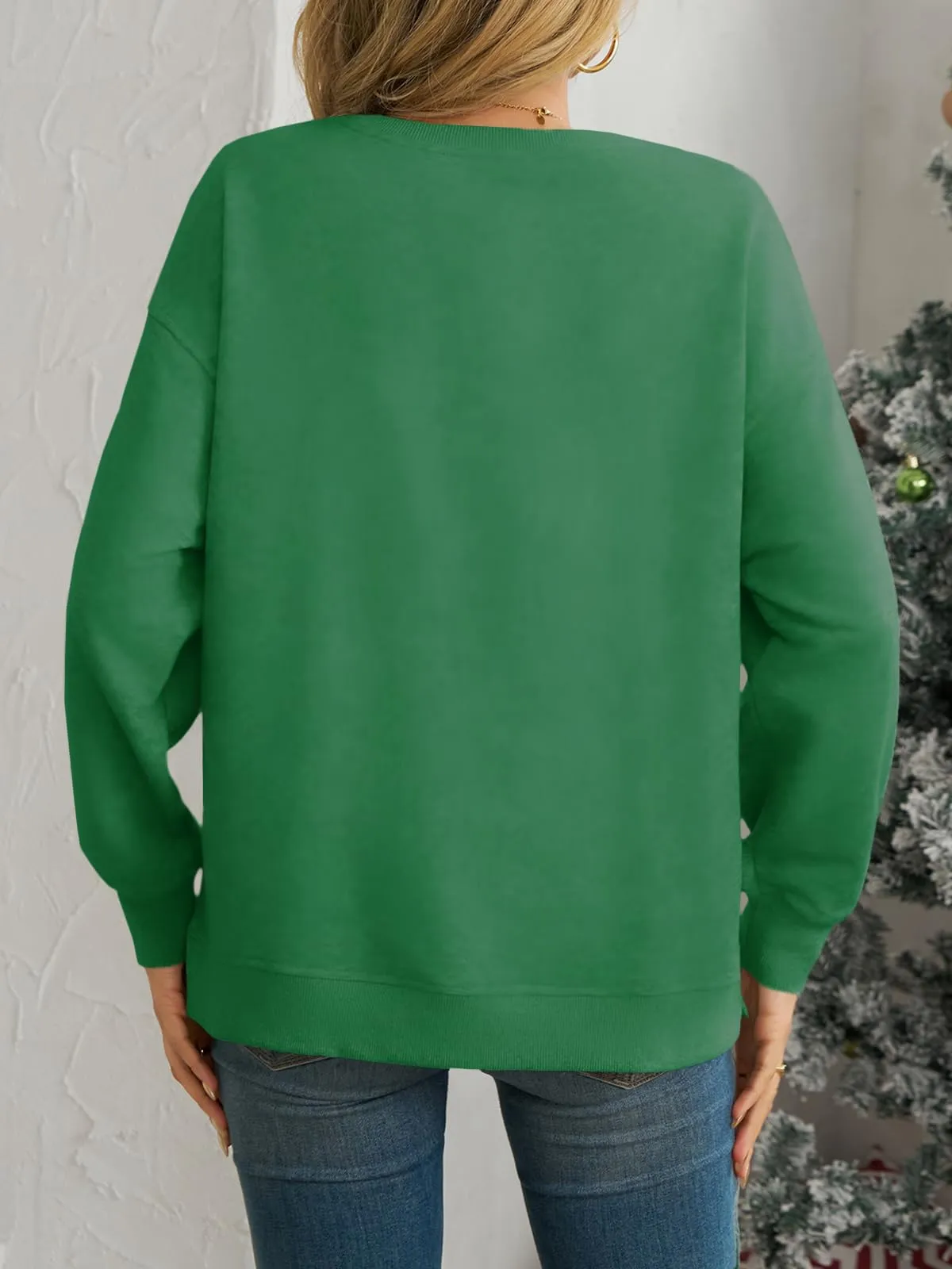 Cicy Bell Felpa da donna con scollo tondo, a maniche lunghe, casual, pullover, top natalizio, Verde, L - immagine 5