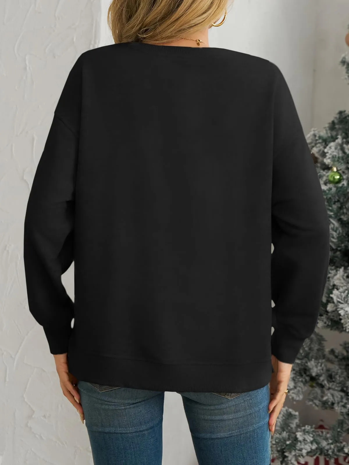 Cicy Bell Maglione Donna Natale Sweatshirt Girocollo Manica Lunga Casual Maglione Natalizio Top, Nero , S - immagine 5