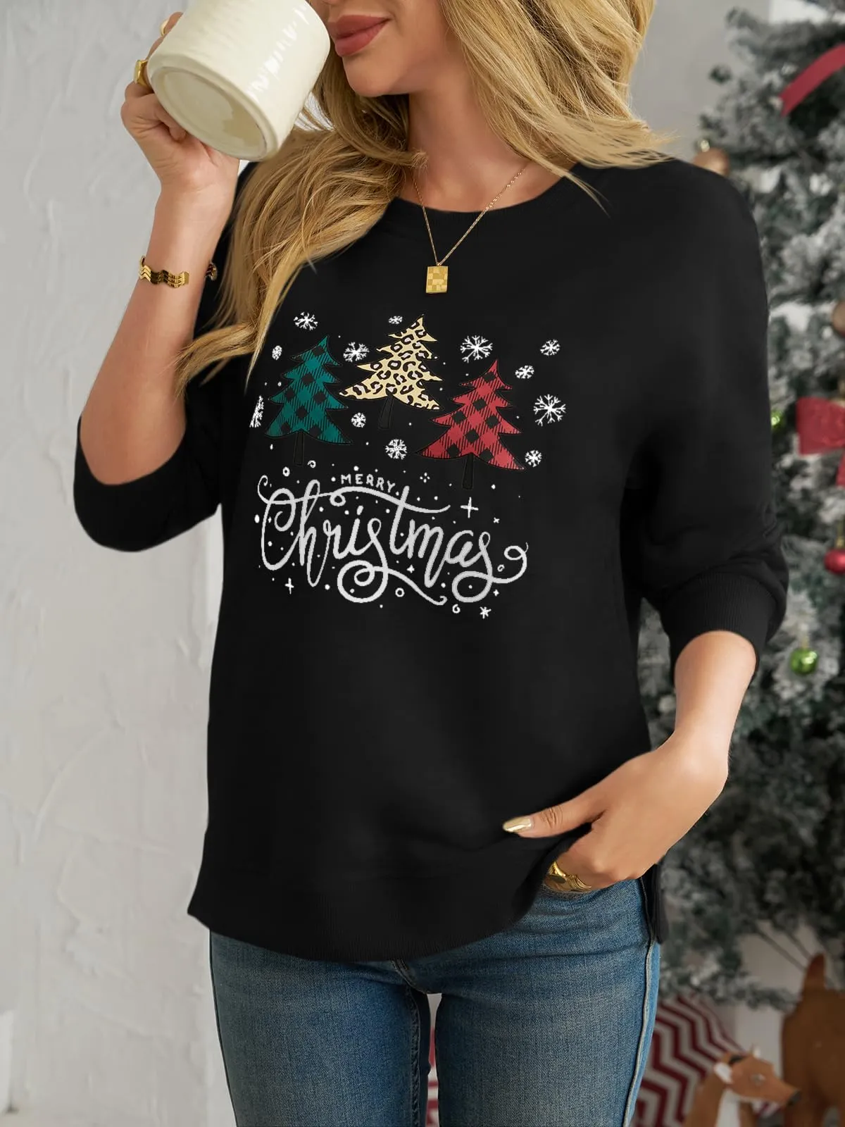 Cicy Bell - Felpa da donna con collo tondo, maniche lunghe, casual, pullover, top natalizio, Nero, M - immagine 3