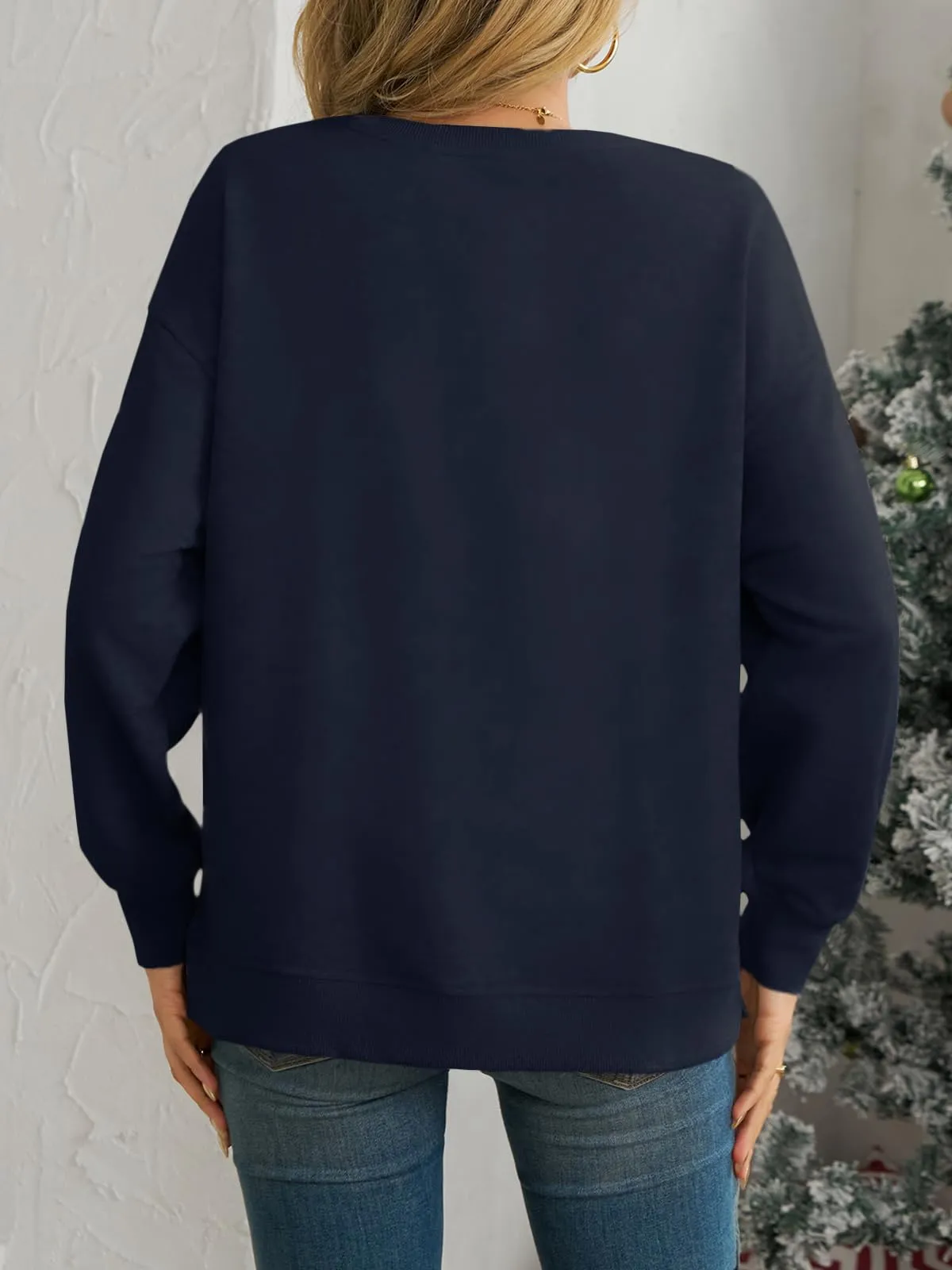 Cicy Bell Maglione Donna Natale Sweatshirt Girocollo Manica Lunga Casual Maglione Natalizio Top, Blu scuro, M - immagine 5
