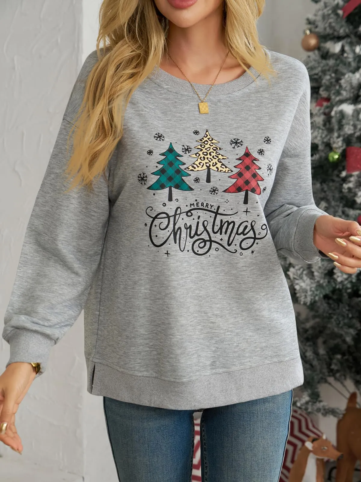Cicy Bell Felpa da donna con scollo tondo a maniche lunghe, pullover casual, top natalizio, grigio, XL - immagine 2