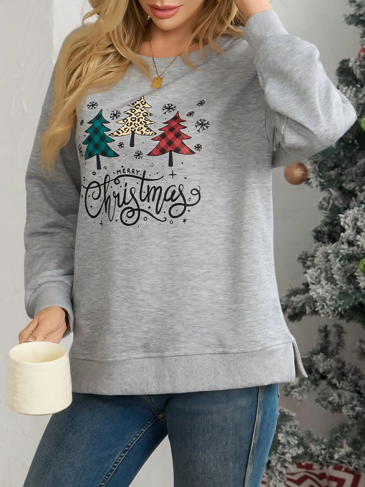 Cicy Bell Felpa da donna con scollo tondo a maniche lunghe, pullover casual, top natalizio, grigio, XL - immagine 4