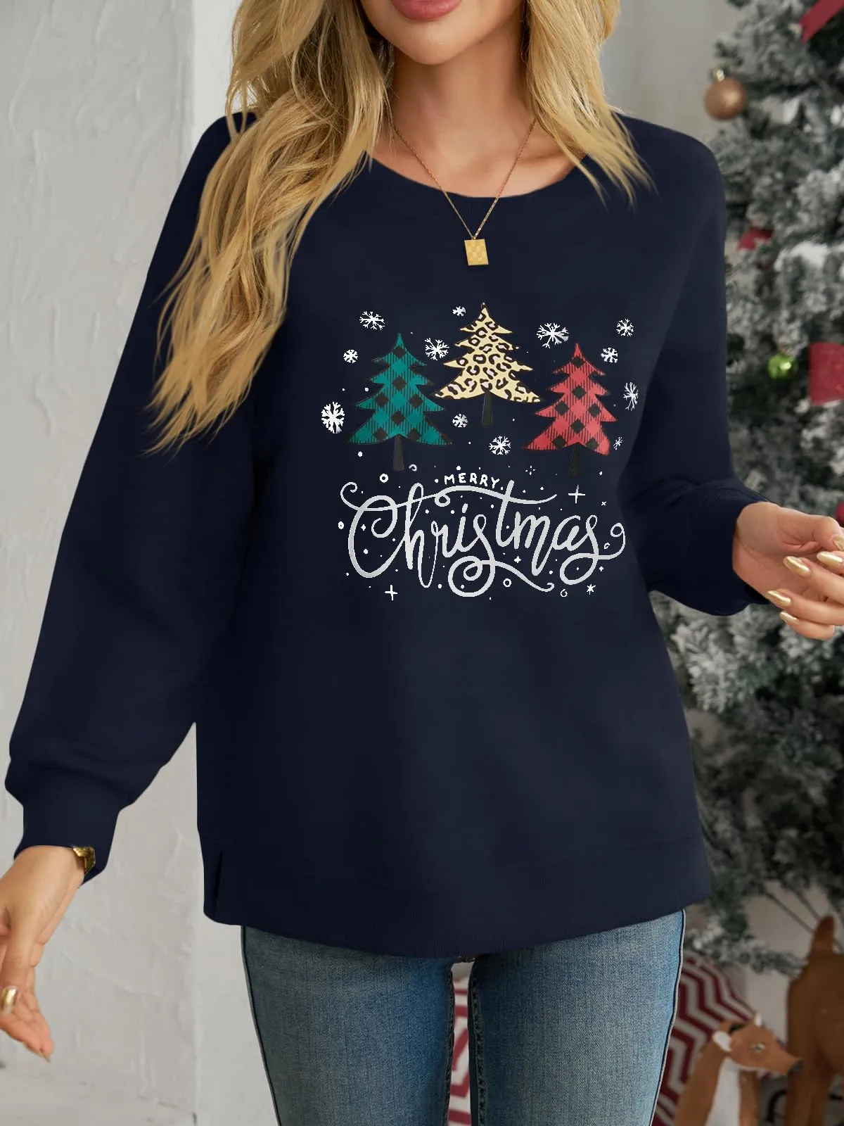 Cicy Bell Felpa da donna a maniche lunghe, casual, maglione natalizio, Blu scuro, XL - immagine 2