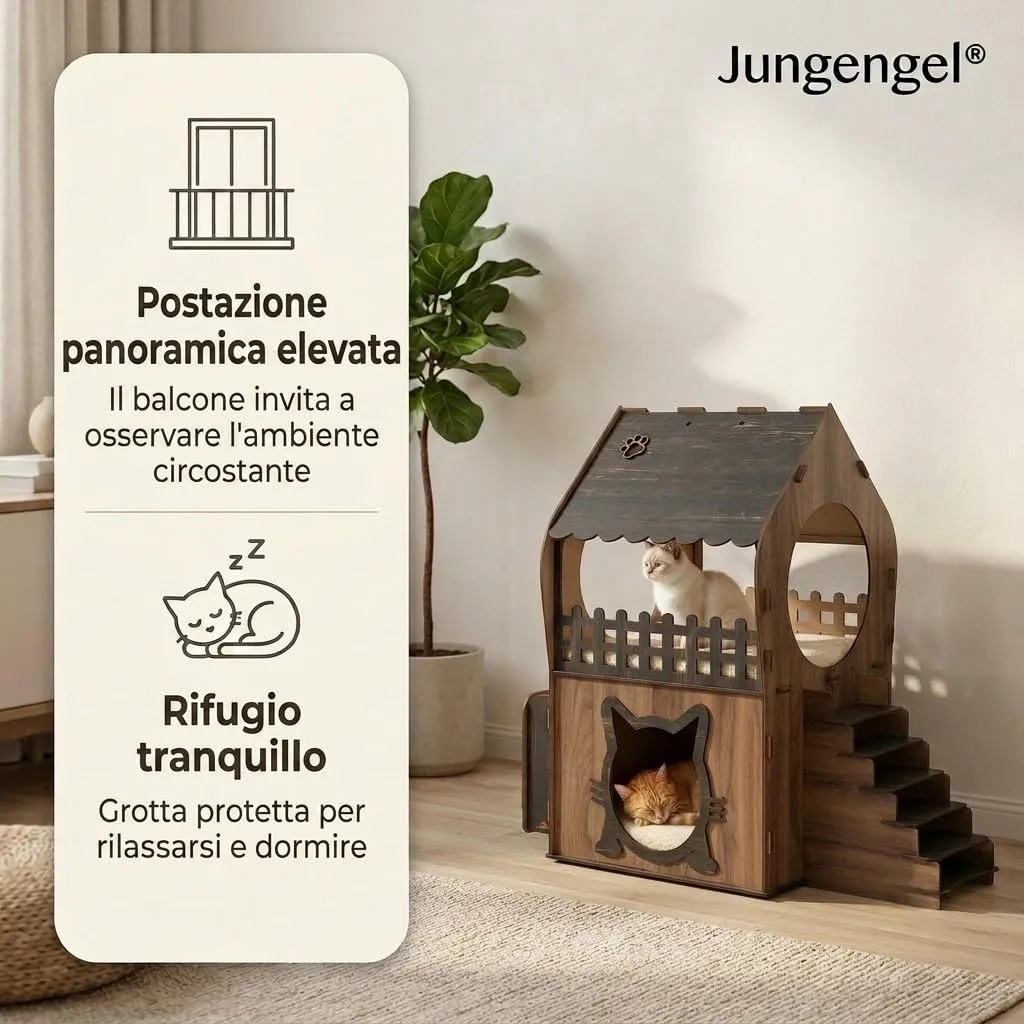Jungengel Cuccia per Gatti da Interno in Legno, Casetta 2 Piani con Scala - immagine 2