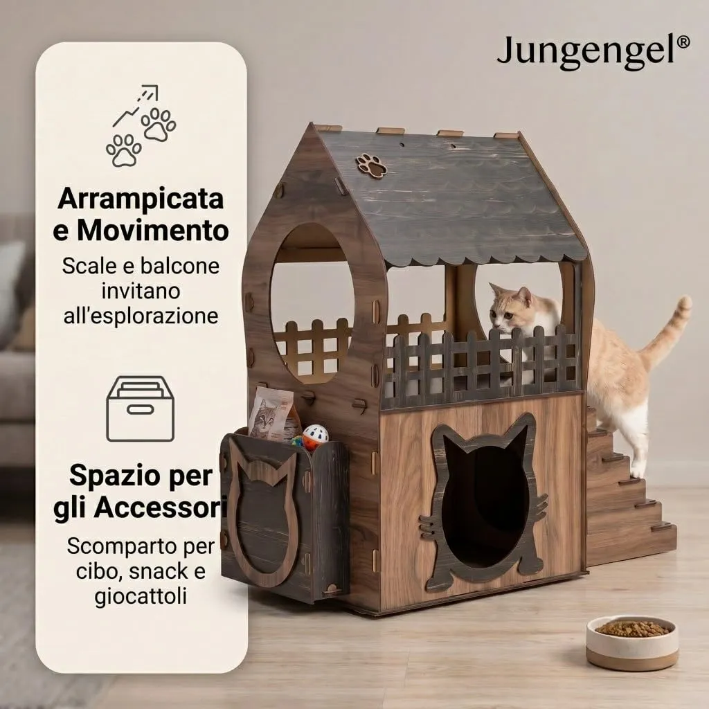 Jungengel Cuccia per Gatti da Interno in Legno, Casetta 2 Piani con Scala - immagine 4
