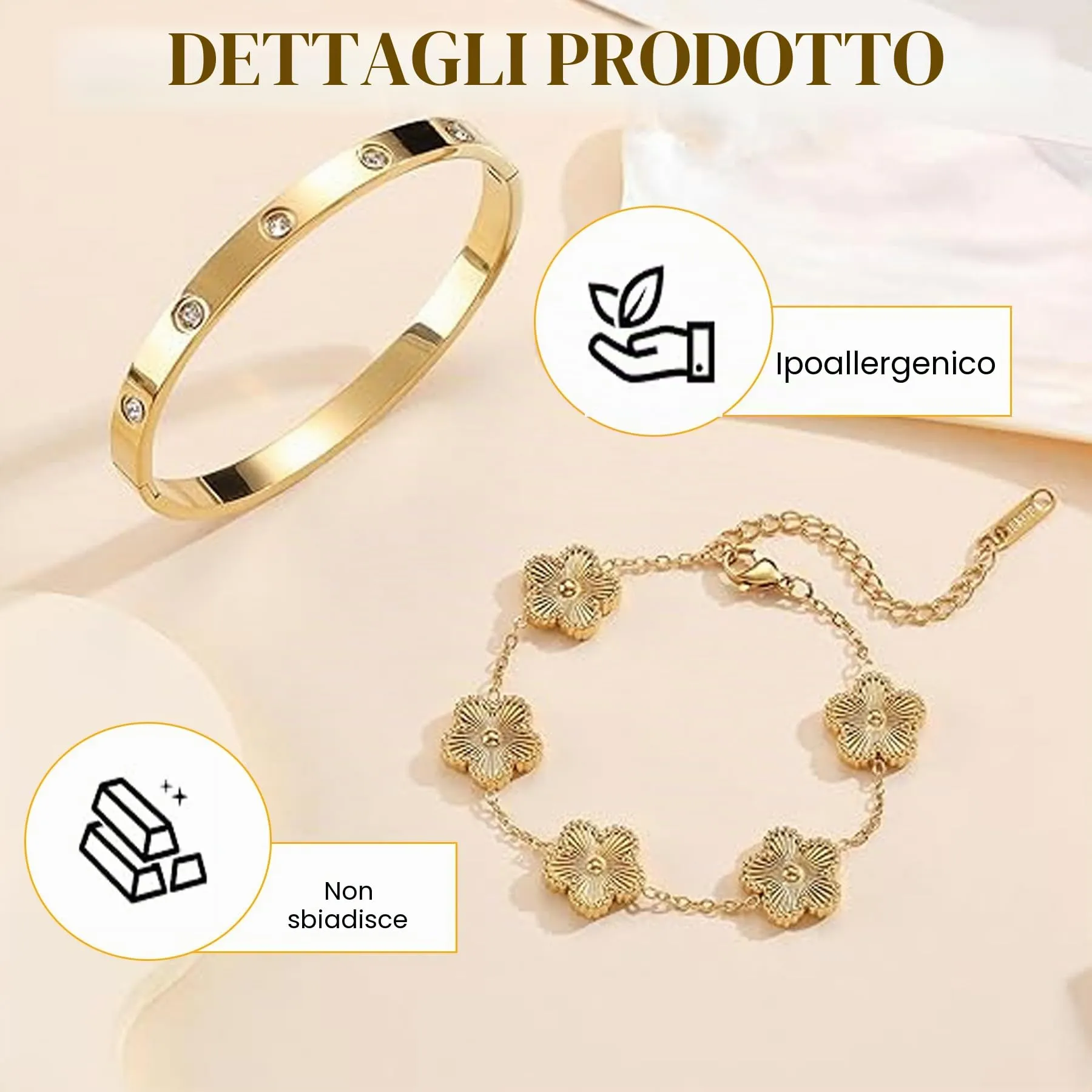 LIUYIDM Bracciale Donna Gioielli con Quadrifoglio Dorato Four Leaf Clover Bracelet Accessori Eleganti Gioielli Quadrifoglio Donna Vita Quotidiana, Regali di Compleanno con Portafortuna (Laser Gold) - immagine 3