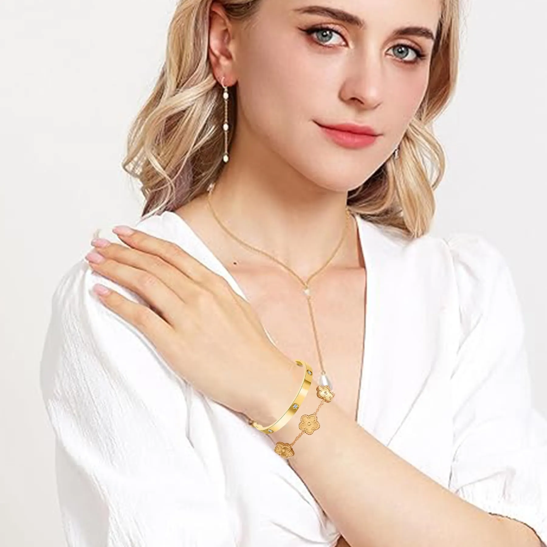 LIUYIDM Bracciale Donna Gioielli con Quadrifoglio Dorato Four Leaf Clover Bracelet Accessori Eleganti Gioielli Quadrifoglio Donna Vita Quotidiana, Regali di Compleanno con Portafortuna (Laser Gold) - immagine 6