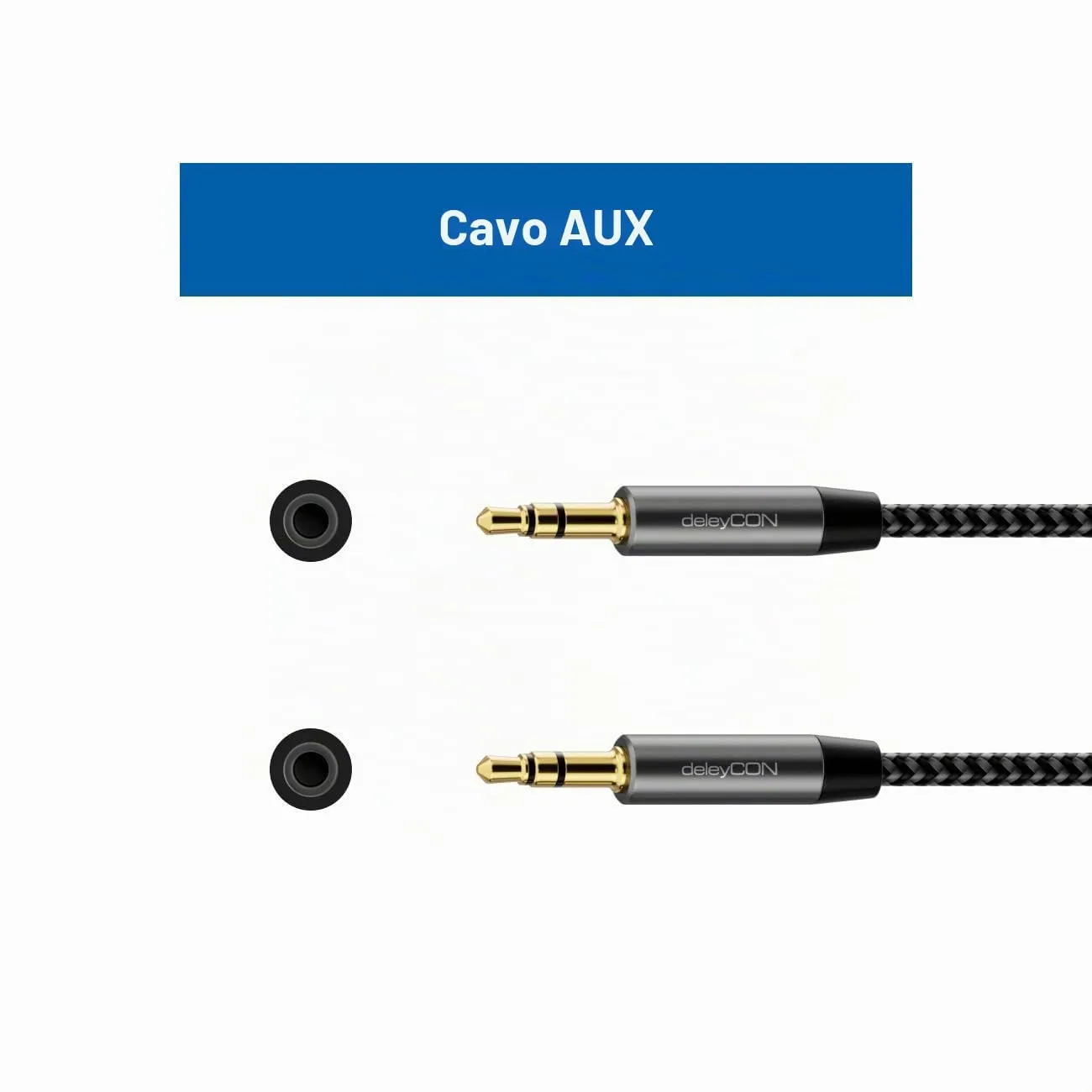 deleyCON 5m Cavo Audio AUX Stereo Jack 3,5 mm in Nylon - Connettori in Metallo - per Smartphone, Tablet, Cuffie, Hi-Fi, Ricevitore - Nero - immagine 4