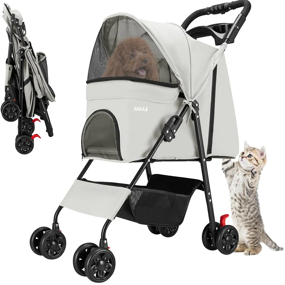 BAKAJI Passeggino per Animali Domestici Carico Massimo 30kg, Carrozzina per Cani e Gatti Pieghevole e Salvaspazio con Cestello Portaoggetti e Ruote Bloccabili, Cappottina Protettiva Anti UV (Grigio) - immagine 1