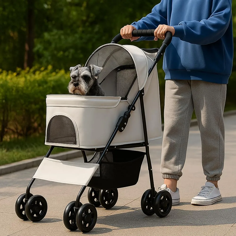 BAKAJI Passeggino per Animali Domestici Carico Massimo 30kg, Carrozzina per Cani e Gatti Pieghevole e Salvaspazio con Cestello Portaoggetti e Ruote Bloccabili, Cappottina Protettiva Anti UV (Grigio) - immagine 2