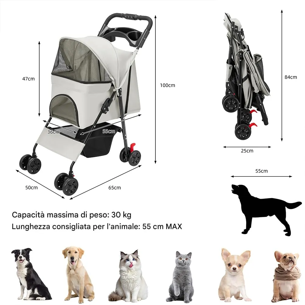 BAKAJI Passeggino per Animali Domestici Carico Massimo 30kg, Carrozzina per Cani e Gatti Pieghevole e Salvaspazio con Cestello Portaoggetti e Ruote Bloccabili, Cappottina Protettiva Anti UV (Grigio) - immagine 4