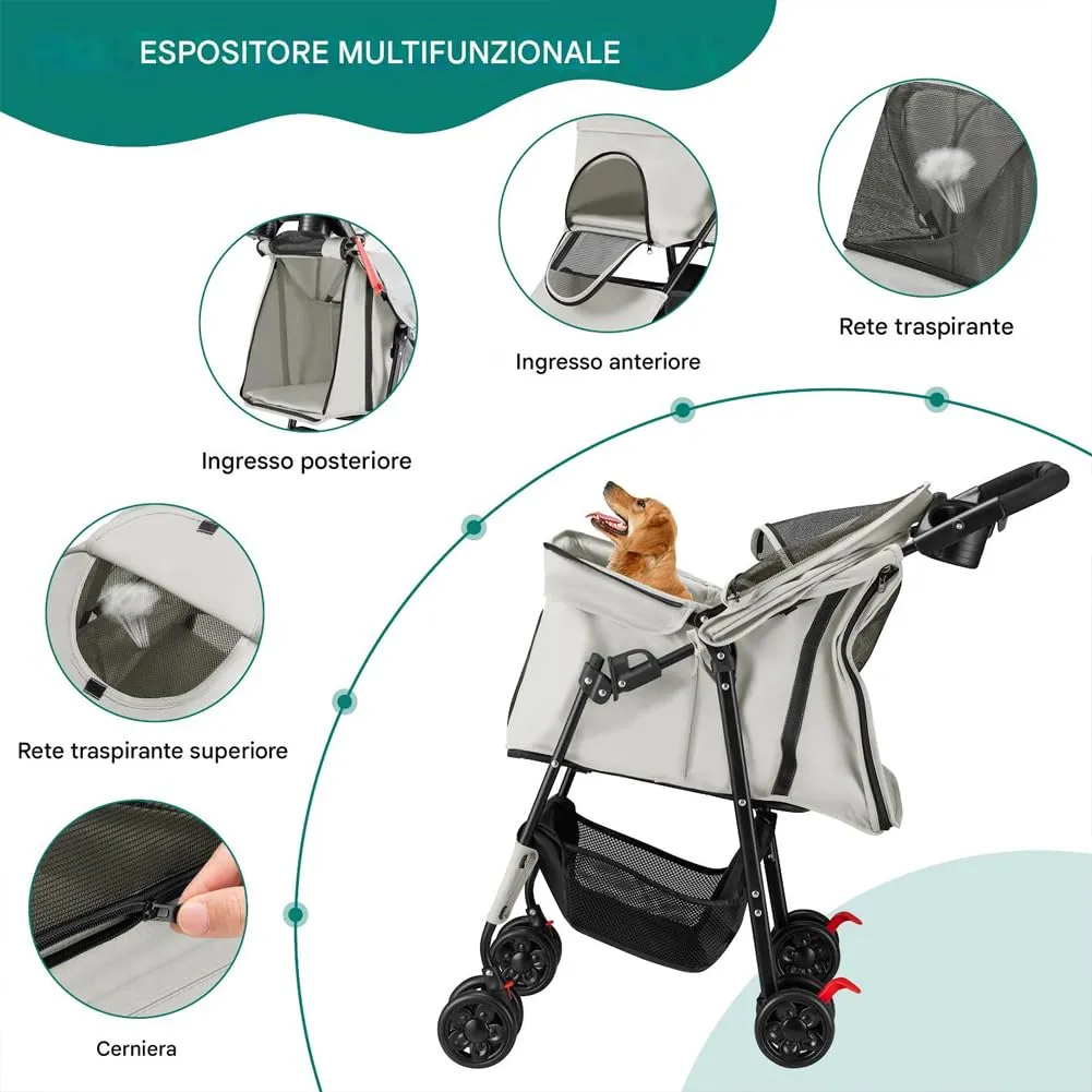 BAKAJI Passeggino per Animali Domestici Carico Massimo 30kg, Carrozzina per Cani e Gatti Pieghevole e Salvaspazio con Cestello Portaoggetti e Ruote Bloccabili, Cappottina Protettiva Anti UV (Grigio) - immagine 5