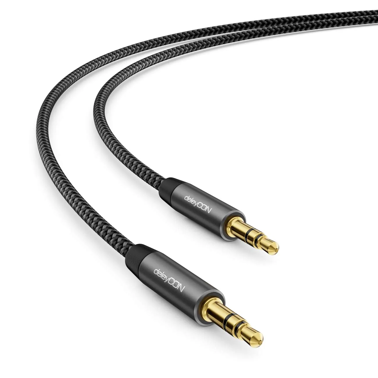deleyCON 7,5m Cavo Audio AUX Stereo Jack 3,5 mm in Nylon - Connettori in Metallo - per Smartphone, Tablet, Cuffie, Hi-Fi, Ricevitore - Nero - immagine 2
